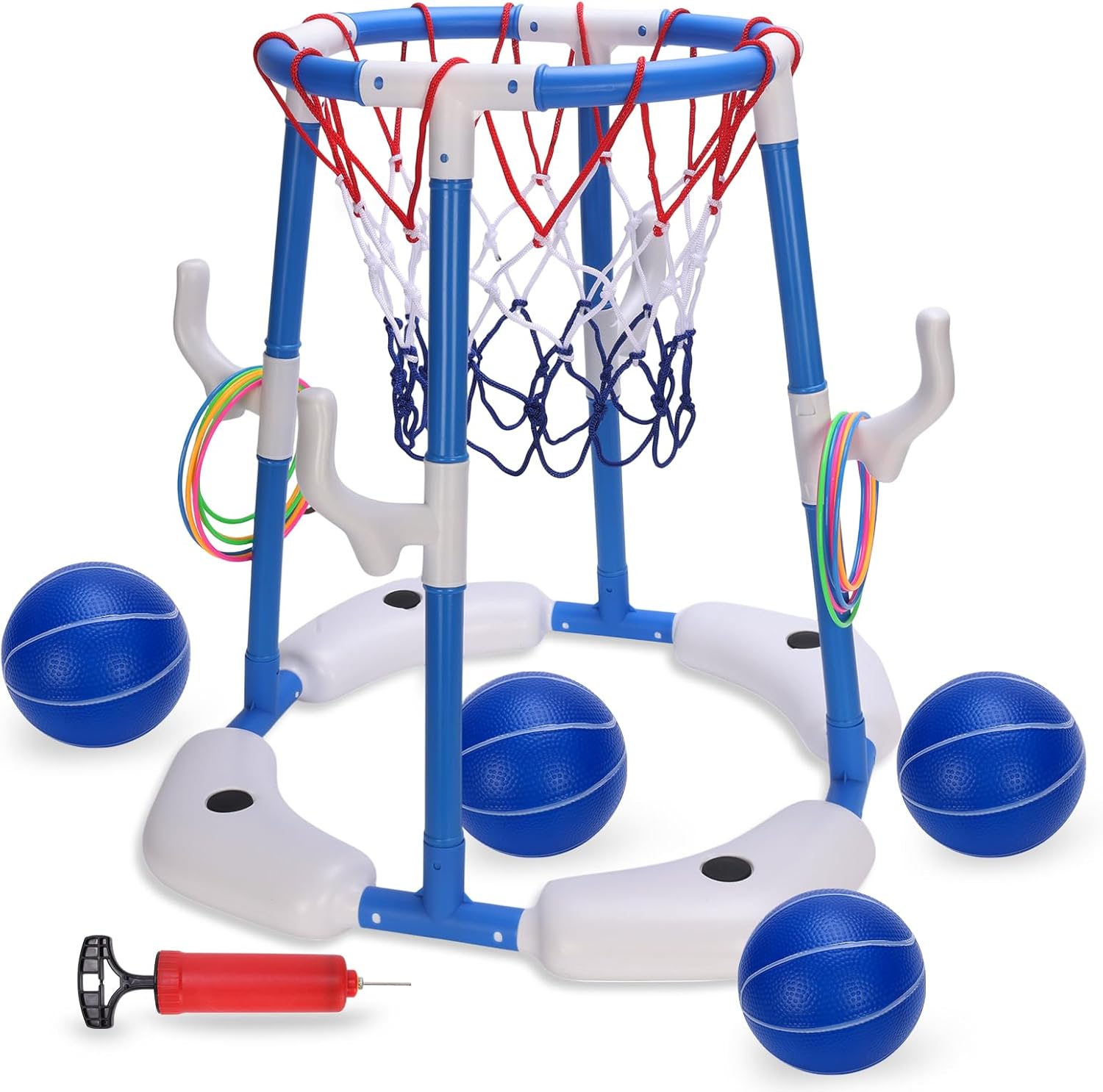 Pool Basketball Hoop, 2-in-1 Floating Pool Toys Ring Game with 4 Balls and Pump, Outdoor Swimming Pool Basketball Games Water Play Toy Family Party for Kids Adults Age 3-12 (Blue)