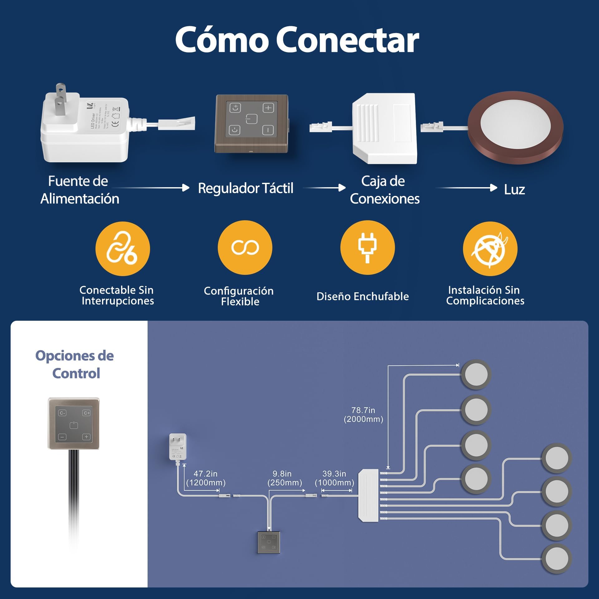 V4light Luci per armadio a LED ultra sottili da 6 mm, con attenuatore tattile, dimmerabili 2700 K – 6500 K, installazione facile da collegare per cucina, armadio e scaffali, 8 confezioni