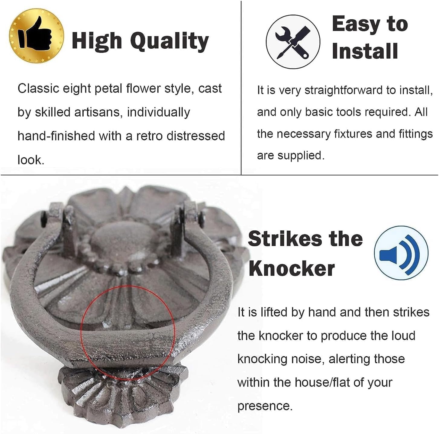 TIST Iron Door Knocker Petal Shaped Door Handle Solid Casting Iron Door Knock Furniture Door Ring Knocker Front Door Decorative Surface-Mounted Installation