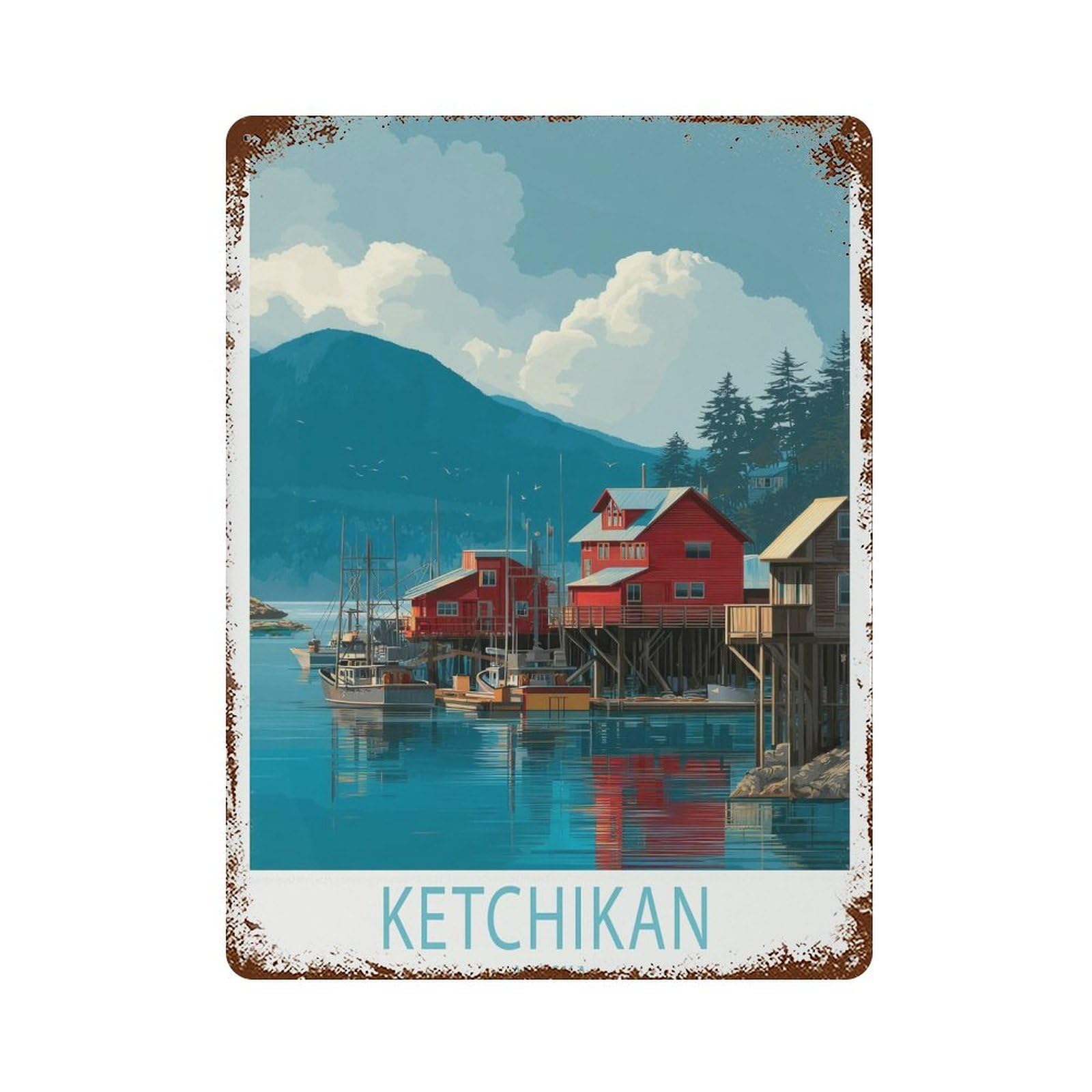 xiaoxiaoshen Ketchikan Alaska Harbor Scene, Illustrated Coastal Northern (2) Wall Decor Art Metal Tin Poster Modern Home Decor Art Home Bar Shop Decorations Vintage Sign 40x30cm