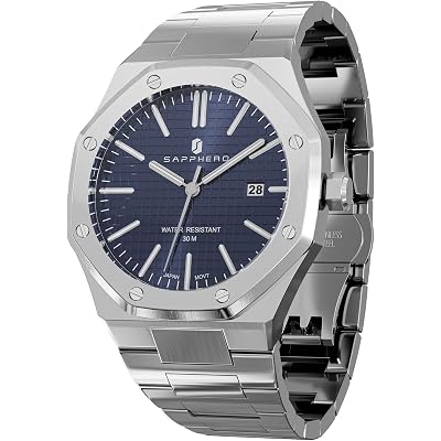 SAPPHERO Watches Men Octagonal Stainless Steel Waterproof Analog Japanese Quartz Wrist Watch Date Classic Business Luxury Watches for Men Elegant Gifts