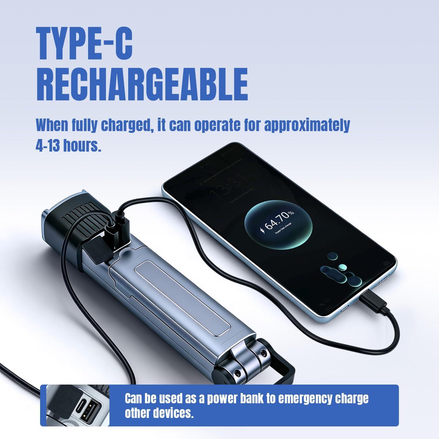 Mcbazel Rechargeable LED Work Light & Flashlight - 1200 High Lumens, 210° Rotatable, COB, Magnetic Base & Hook - Portable Handheld Mechanic Light for Car Repair, Camping, Emergency