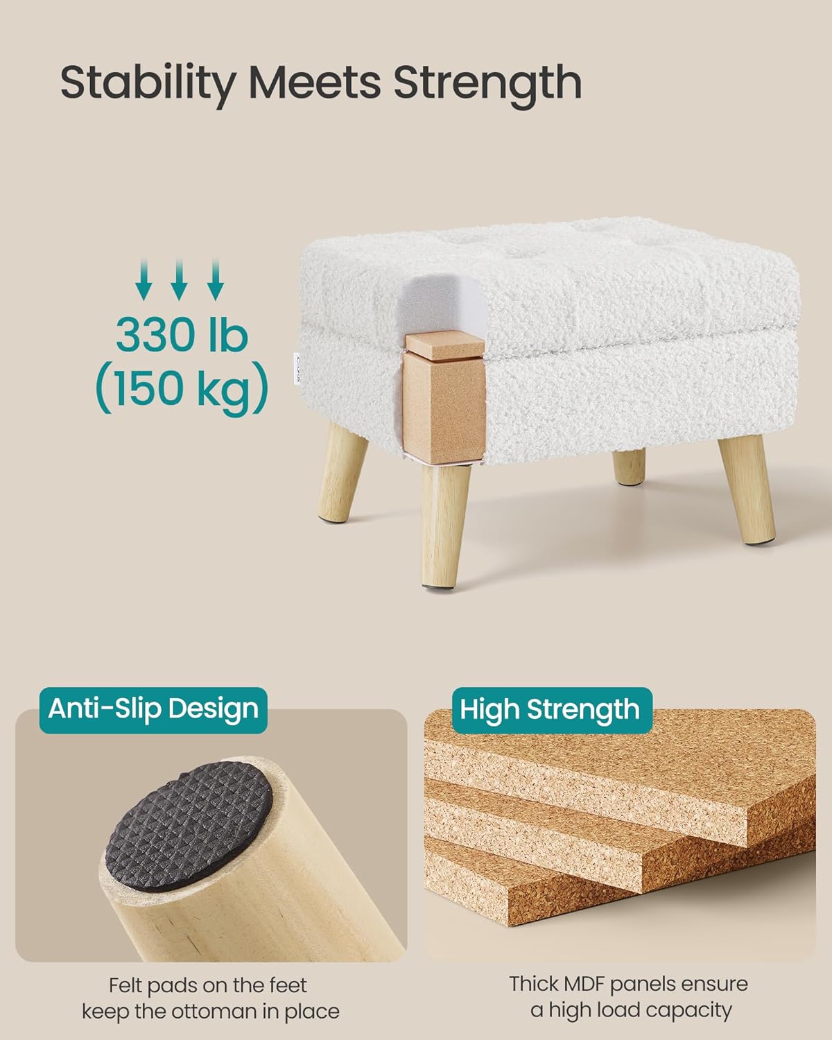 SONGMICS Storage Ottoman, Foot Stool, Ottoman with Padded Seat, Foot Rest with Wood Legs, Small Table, for Hallway, Living Room, 11.8 x 15.7 x 11.4 Inches, Teddy Fleece, Cream White ULOM518WD01