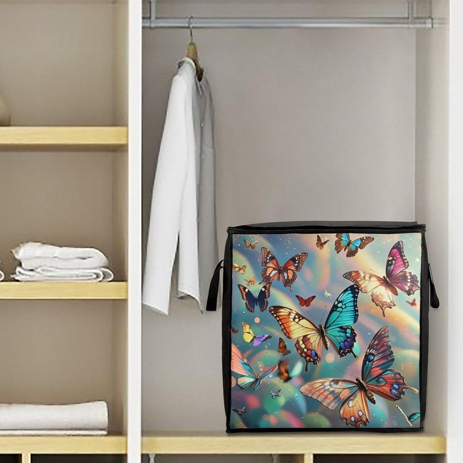 Color Butterfly Background Storage Bag with Zippers And Handle Extra Large Bedding Comforter Storage Bag Foldable Blanket Storage Bags Fabric Moving Bags for Closet Organizer (70L)