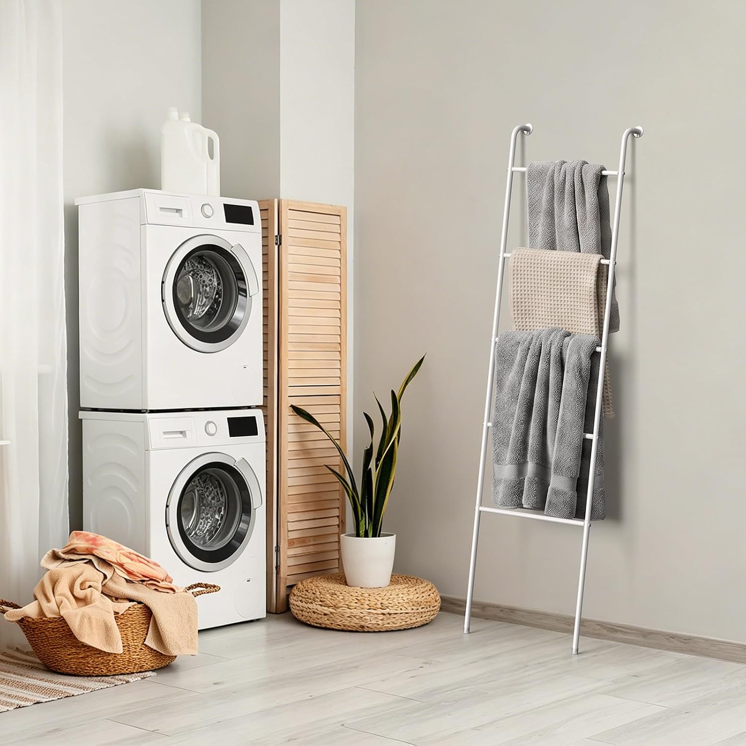 Blanket Ladder 5-Tier Metal Towel Ladder Rack White Blanket Drying Rack