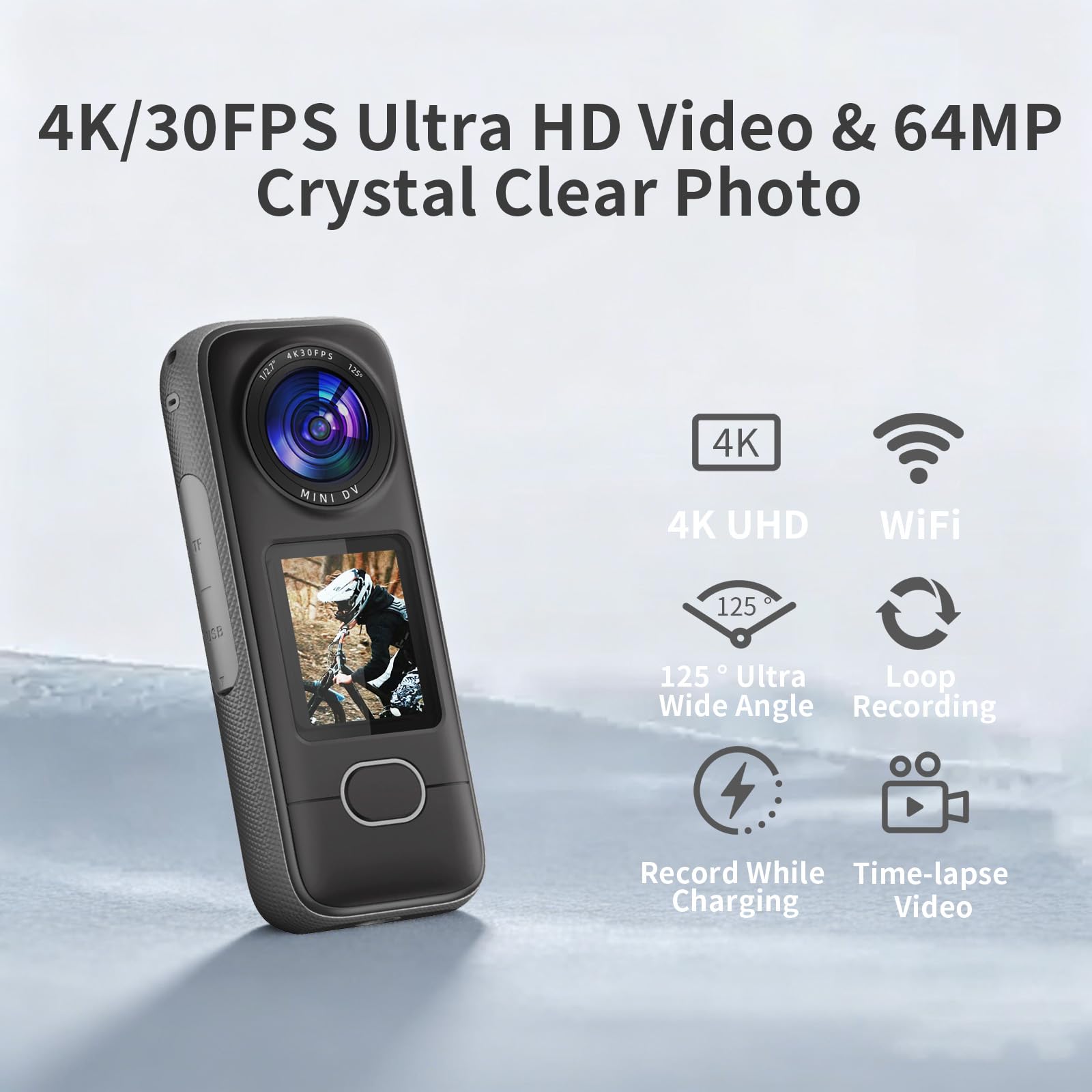 4K Action Camera, 3.5Hrs Battery Life Body Camera Hands-Free Recording, IPX6 Waterproof Portable Vlogging Camera with 1.4" HD Screen, Video Recorder with WiFi for Travel, Cycling, Motorcycle, Bloggers — view 2