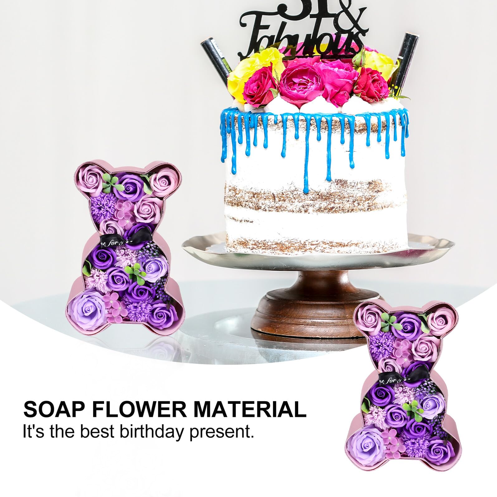 NUOBESTY Coffret Présent Roses Savonnées Ours en Fleurs Parfumées Violet Décoration Romantique pour Mariage et Saint Valentin pour Petite Amie – Boîte à Roses Artificielles Solide et