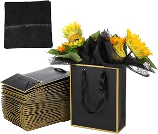 24 Metallic Paper Gift Bags, Black And Gold With Ribbon Handles & Waterproof Liner For Showers, Weddings, And Corporate Events,