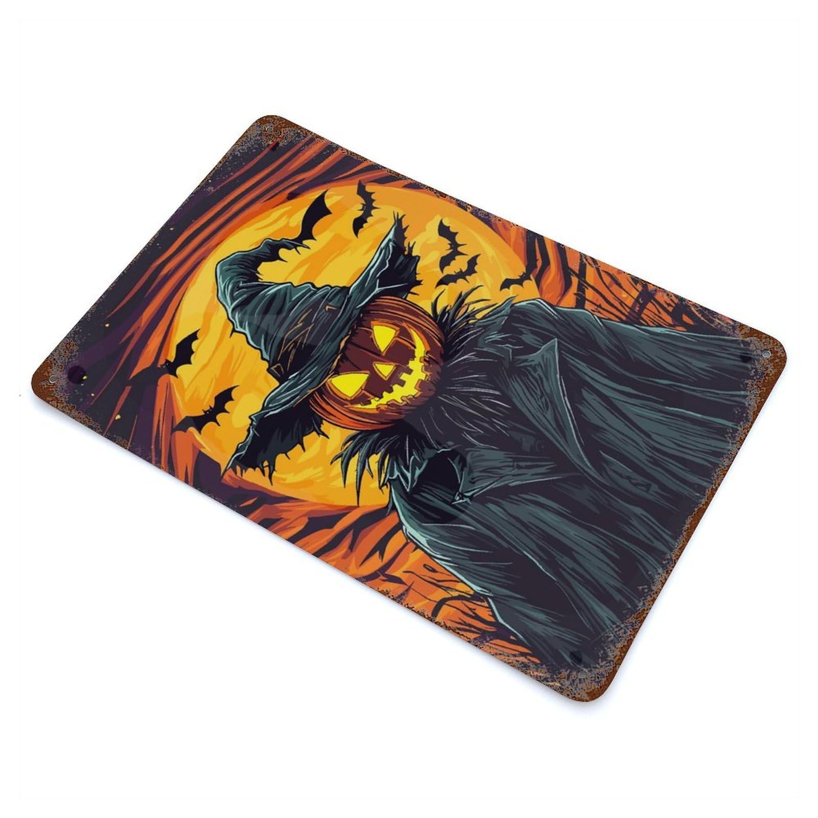 Halloween Pumpkin Scarecrow with Bats Rusty Metal Tin Sign 11.8"x7.9", Ideal for Farmhouse, Kitchen And Entryway Decor