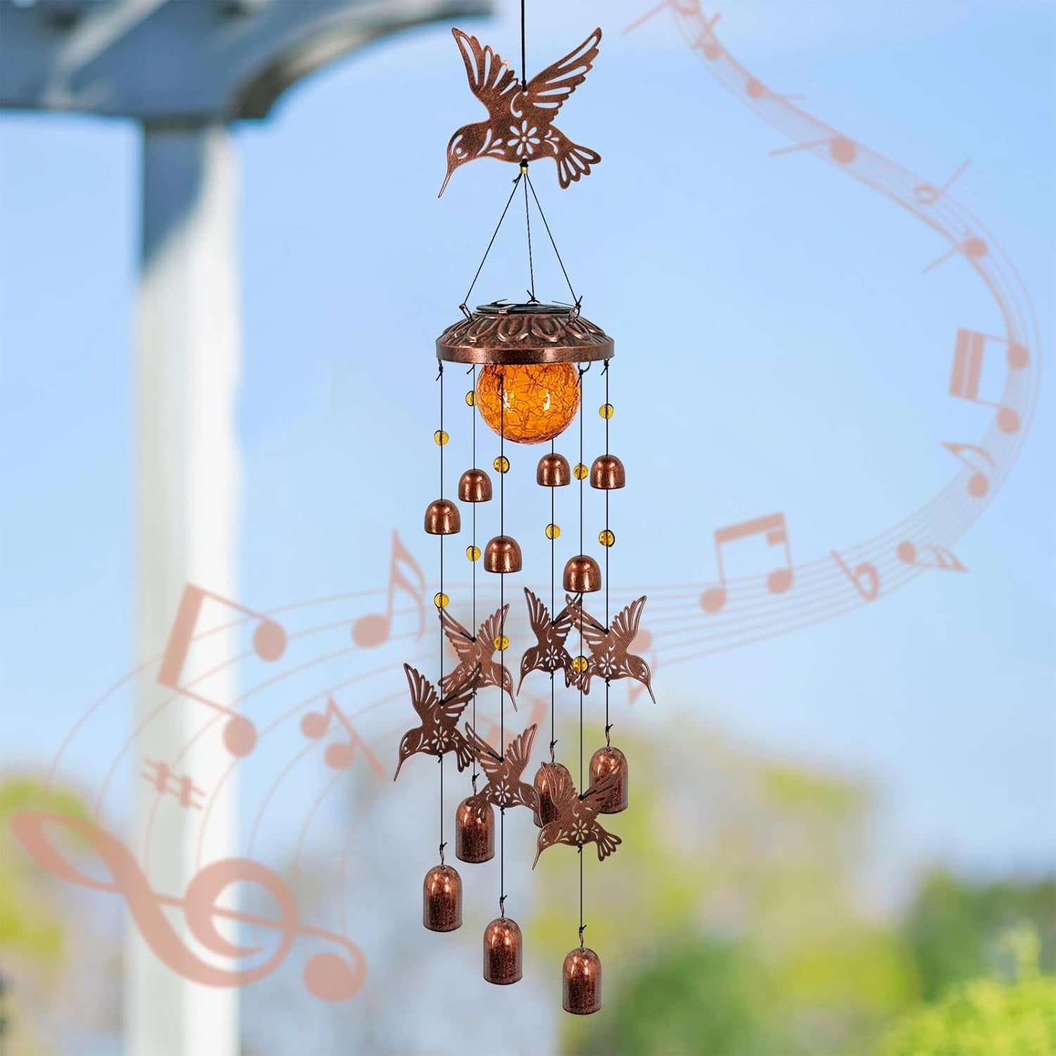 Solar Wind Chimes for Outside, Metal Hummingbird Wind Chimes with Cracked Glass Lights,Hanging Solar Lights for Outside,Yard,Patio,Garden,Porch Decor