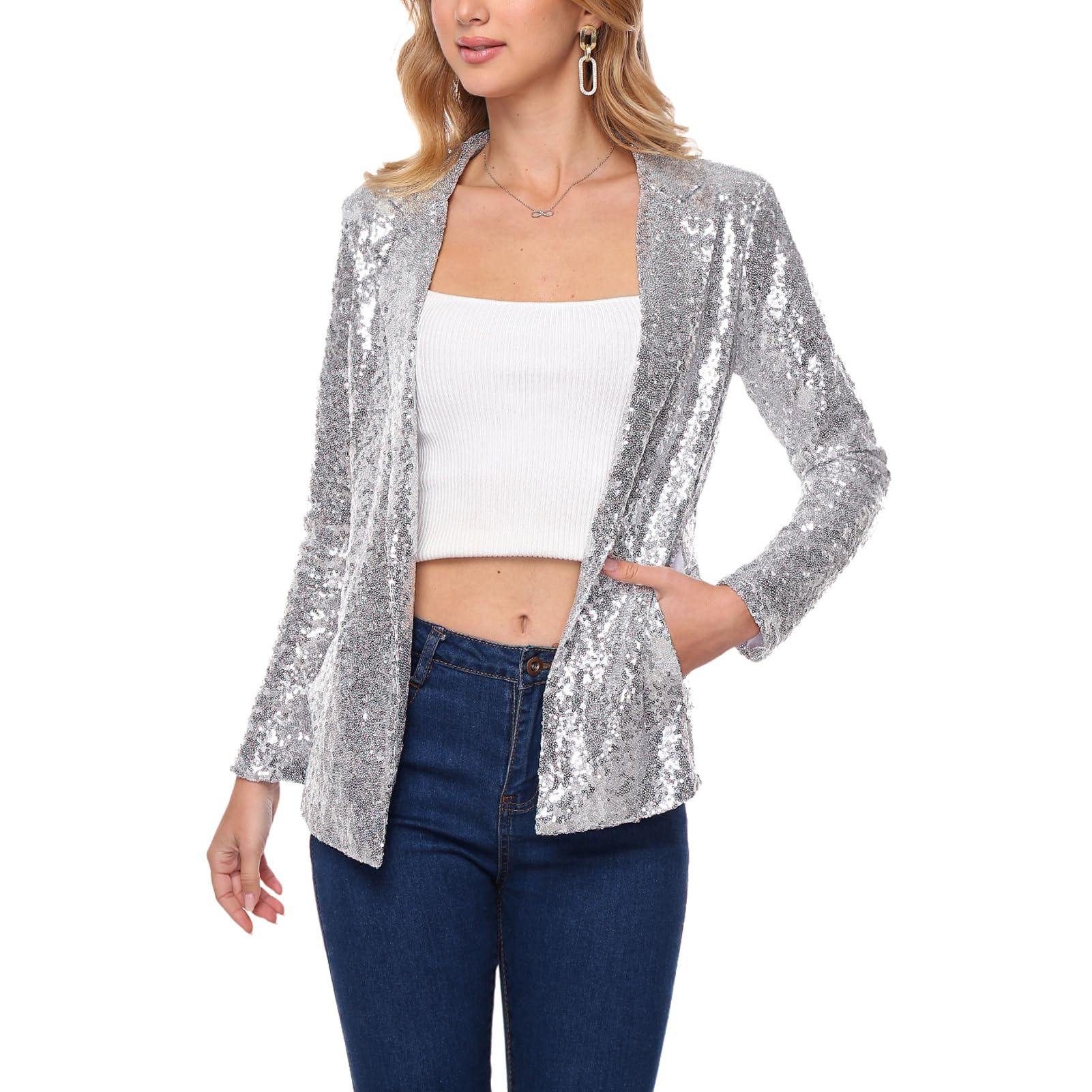 Blazer à paillettes pour femme - Manches longues - Ouvert - Pour fête - Cardigan - Vêtement d'extérieur - Décontracté