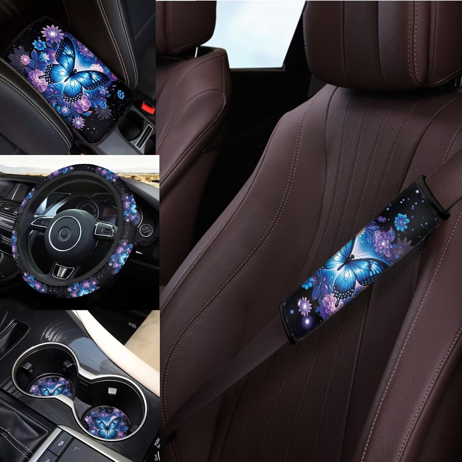 Butterfly Car Seat Covers Full Sets of 14 Pack,Blue Butterfly Car Accessories Sets for Women with Rear View Mirror Cover,Steering Wheel Car Covers,Cup Coasters,Hanging Trash Bag,Universal Fit image 3
