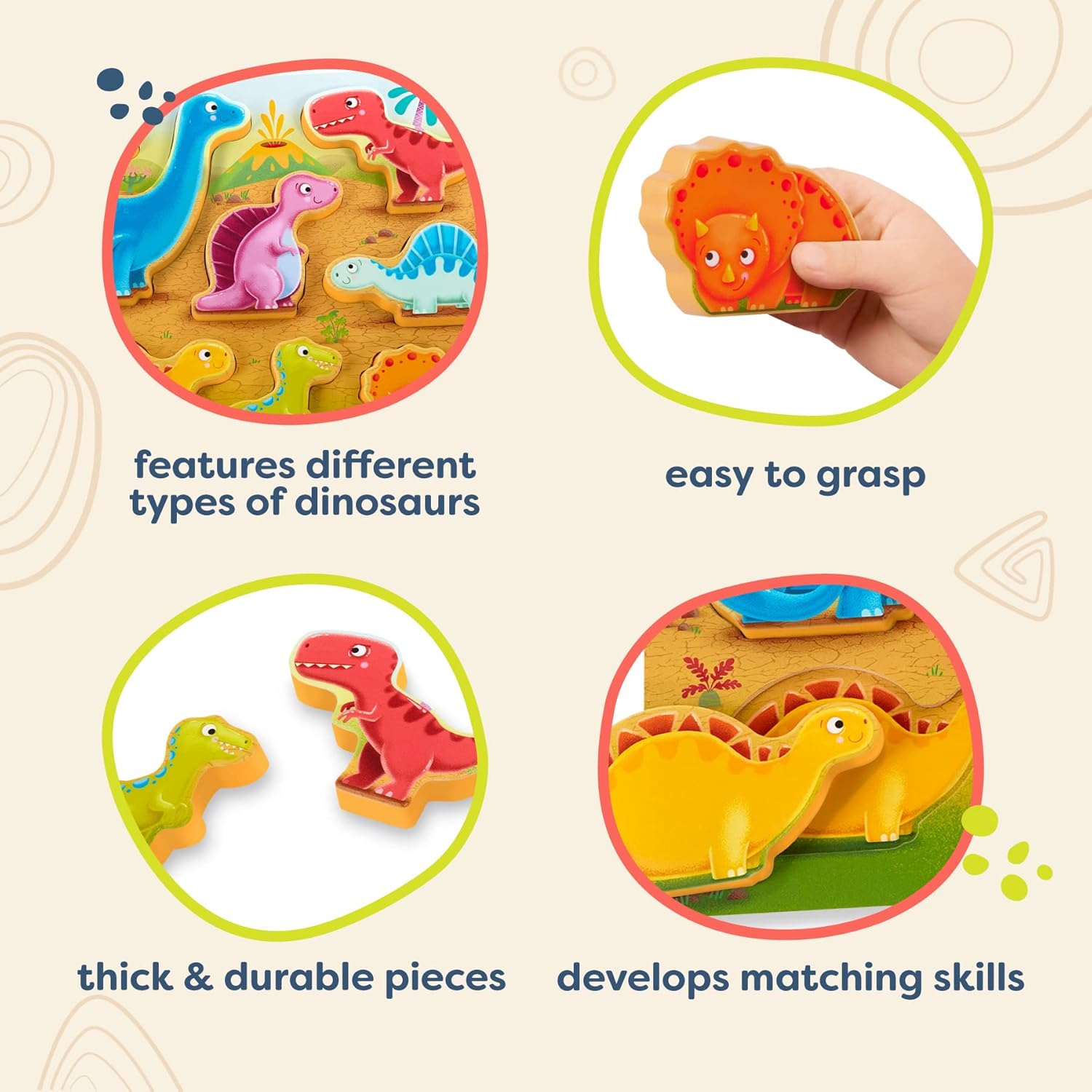 B. toys – Peek & Explore – Dinosaurs Wooden Chunky Puzzle for Toddlers, Kids – Educational & Developmental Toys – 2+ Years