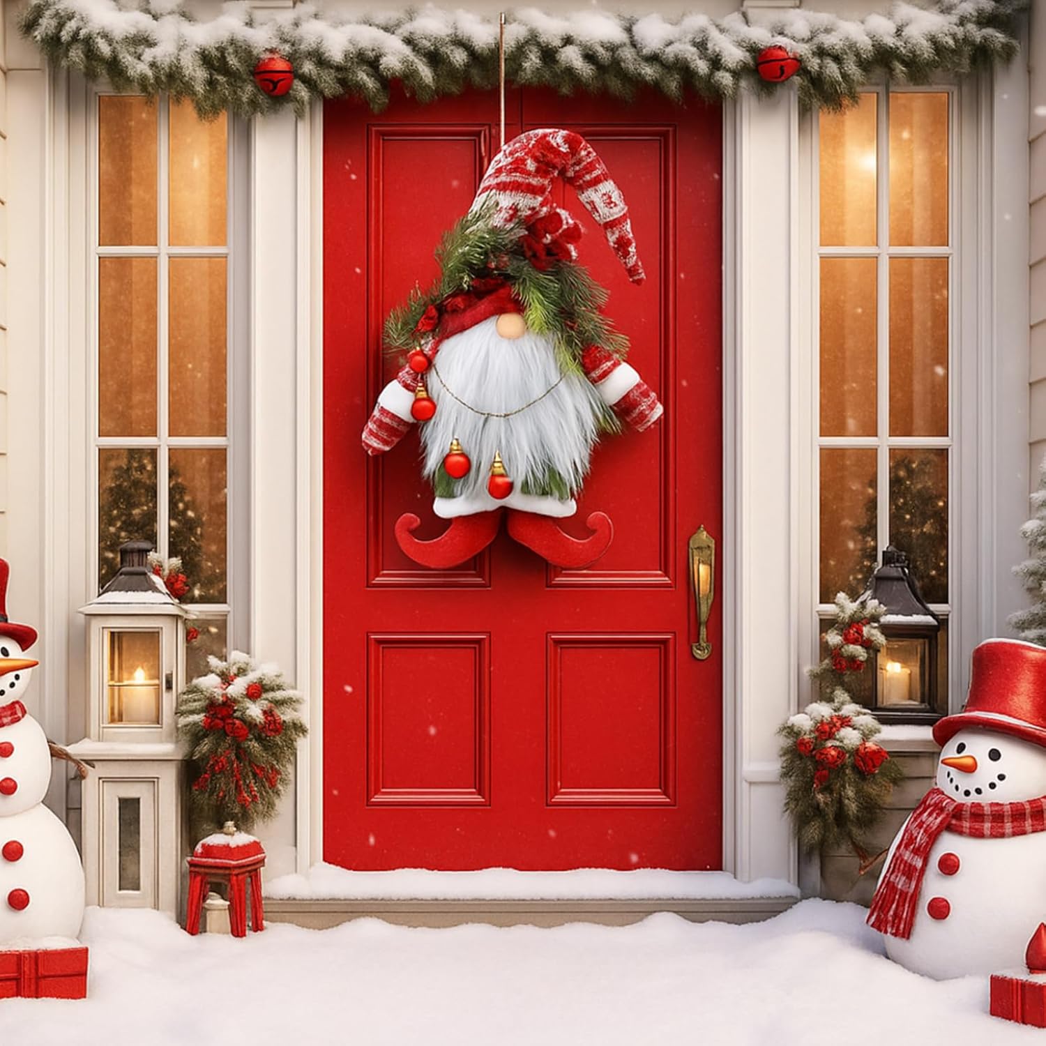 Christmas Wreaths for Front Door 15.7 Inch Gnome Artificial Pine Needle Christmas Front Door Sign Red Xmas Hanging Ornament Hanger Farmhouse Decorations for Room Window Wall Porch - Image 4
