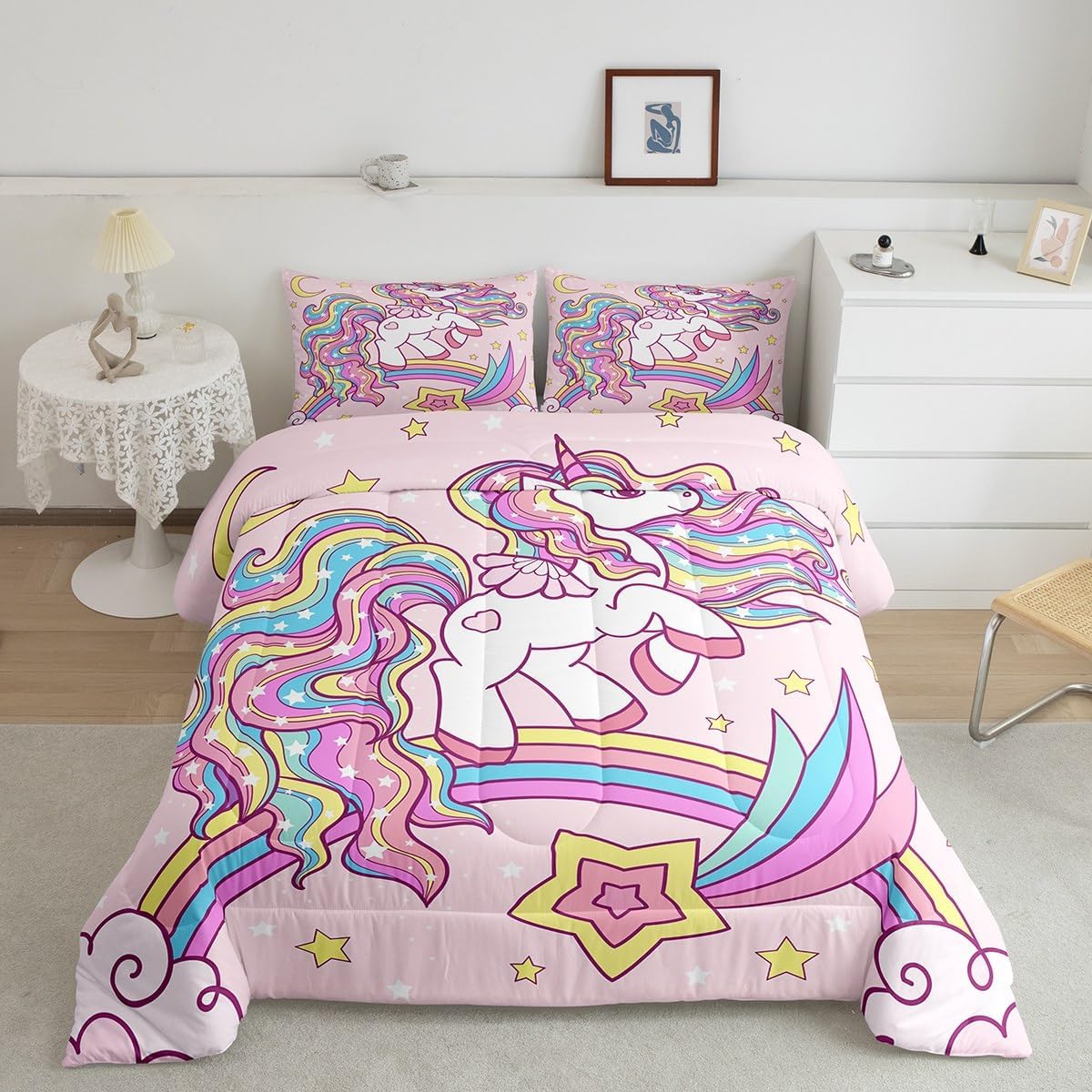 Feelyou Pink Unicorn Bedding Set Queen Size Unicorn Glitter Comforter Set for Girls Teens Star Rainbow Comforter Cute Unicorn Quilt Set 3Pcs Multi 01 Queen