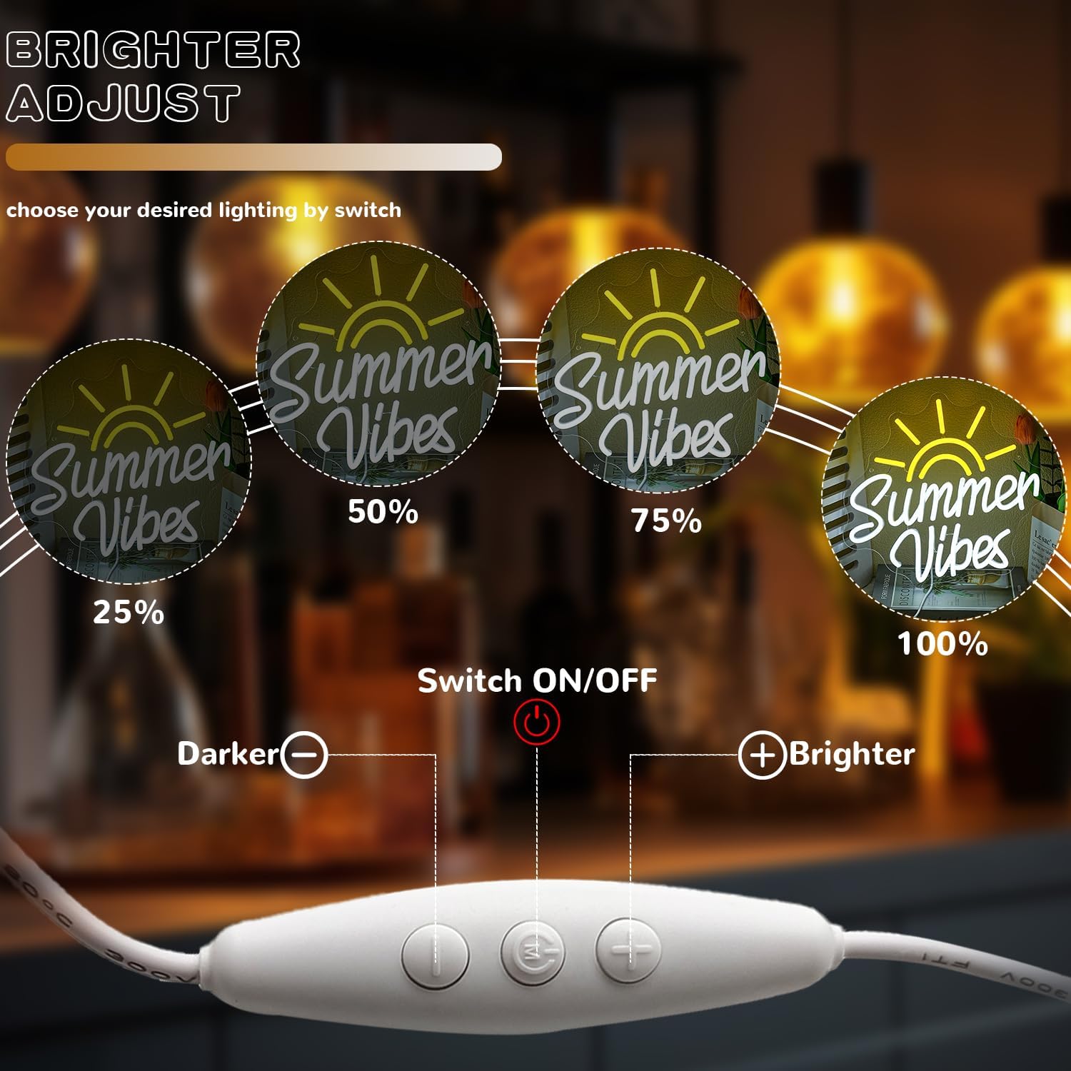 Summer Vibes Neon Sign for wall decor, Summer Party LED Sign, USB Powered Beach Bar Neon Light with Dimmable Switch for Beach Bar Bedroom Party Decoration