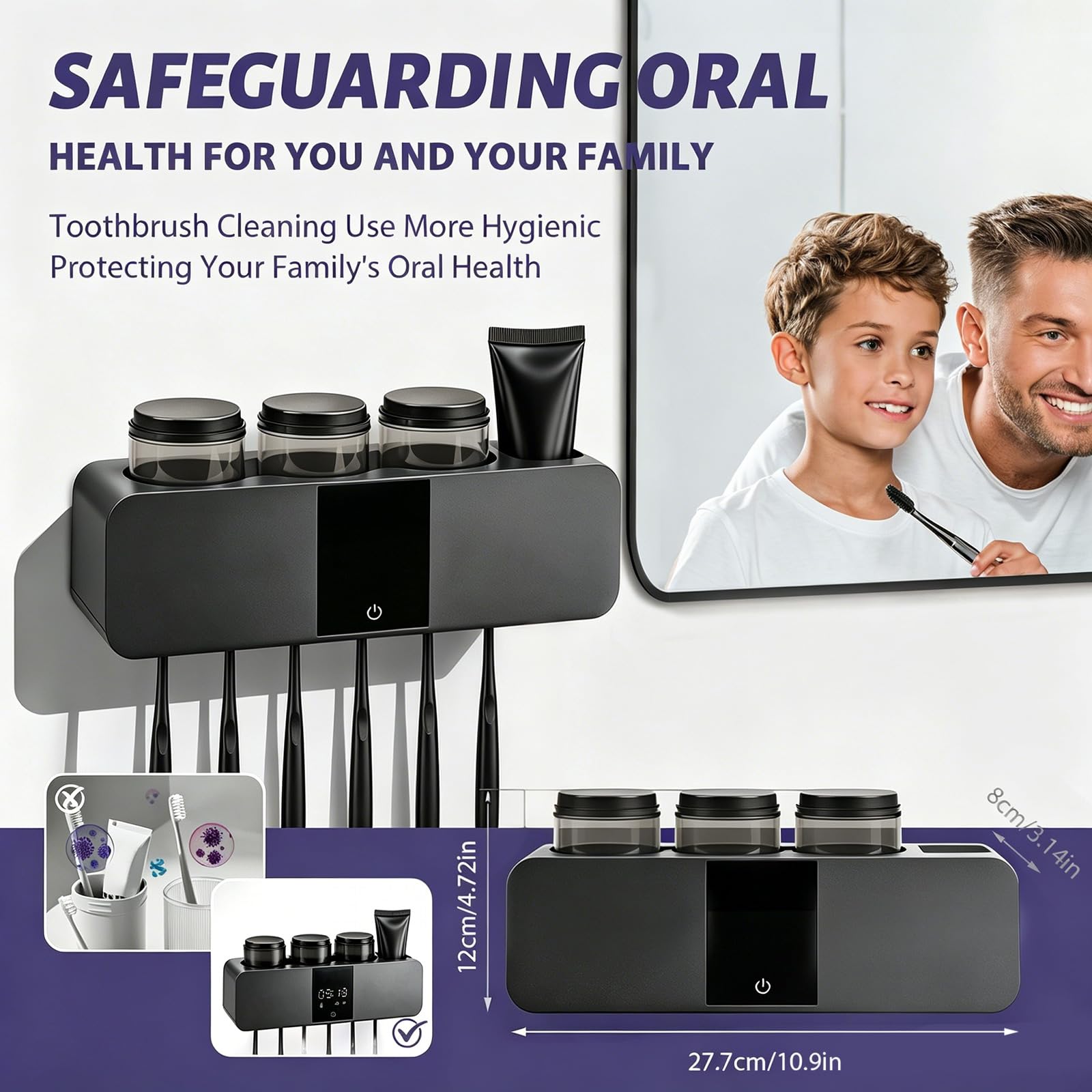 Porta spazzolino da denti con sterilizzatore UV, igienizzatore per spazzolino da denti, disinfettante e supporto per spazzolini elettrici da parete da bagno, senza trapano, con 6 fessure per