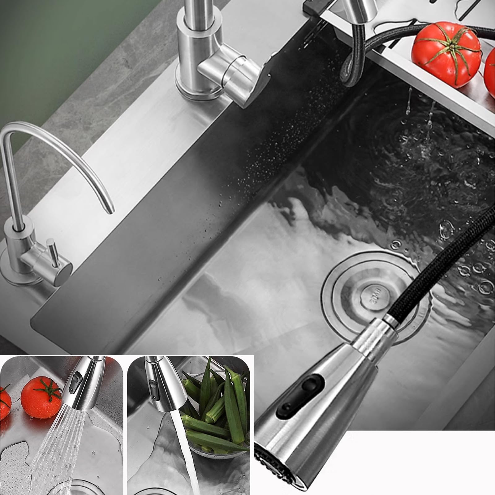 Organizer do zlewu kuchennego Zlew ze stali nierdzewnej Srebrny Duży zlew jednokomorowy Pogrubiony Wbudowany zlew Wysuwany kran Akcesoria w zestawie (75x45x22cm)