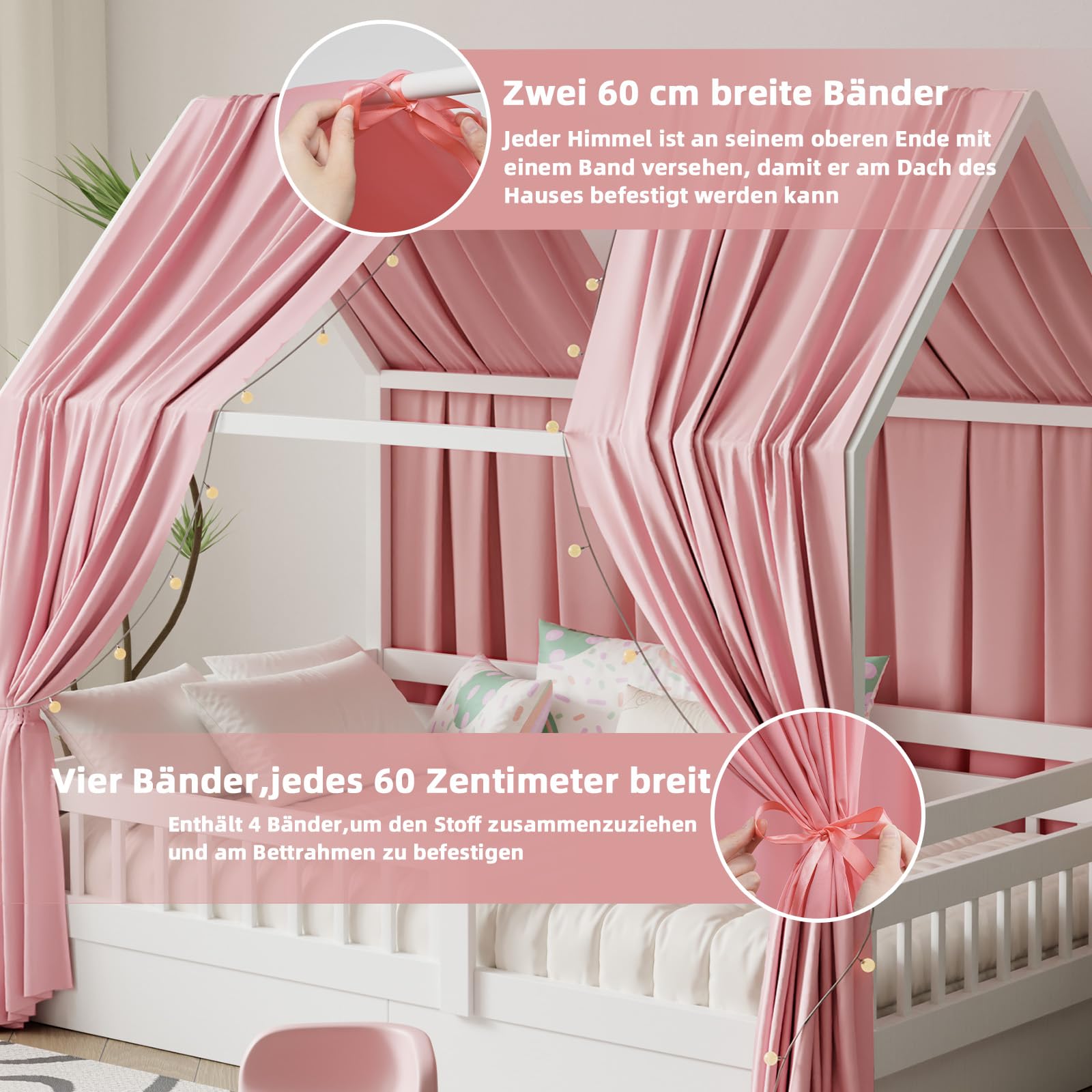Hausbett Himmel mit Lichterkette 2 Stück Deko Baldachin Hausbett Vorhang,Betthimmel Stoffhimmel Hausbett für Mädchen Jungen Kinderbett,135 x 350 cm Rosa