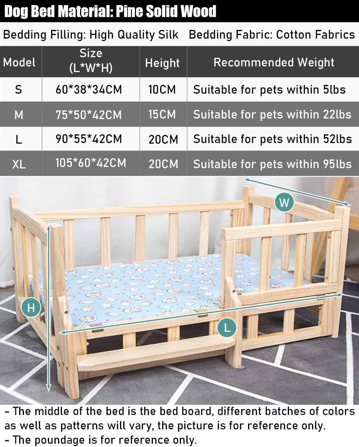 Solid Wood Frame Elevated Dog Bed Removable, Easy Assembly Pet Shelter with Rails & Stairs, Four Seasons Universal Pet House for Cat/Dog (Color : 4-with Bedding, Size : L-90 * 55 * 42cm) (