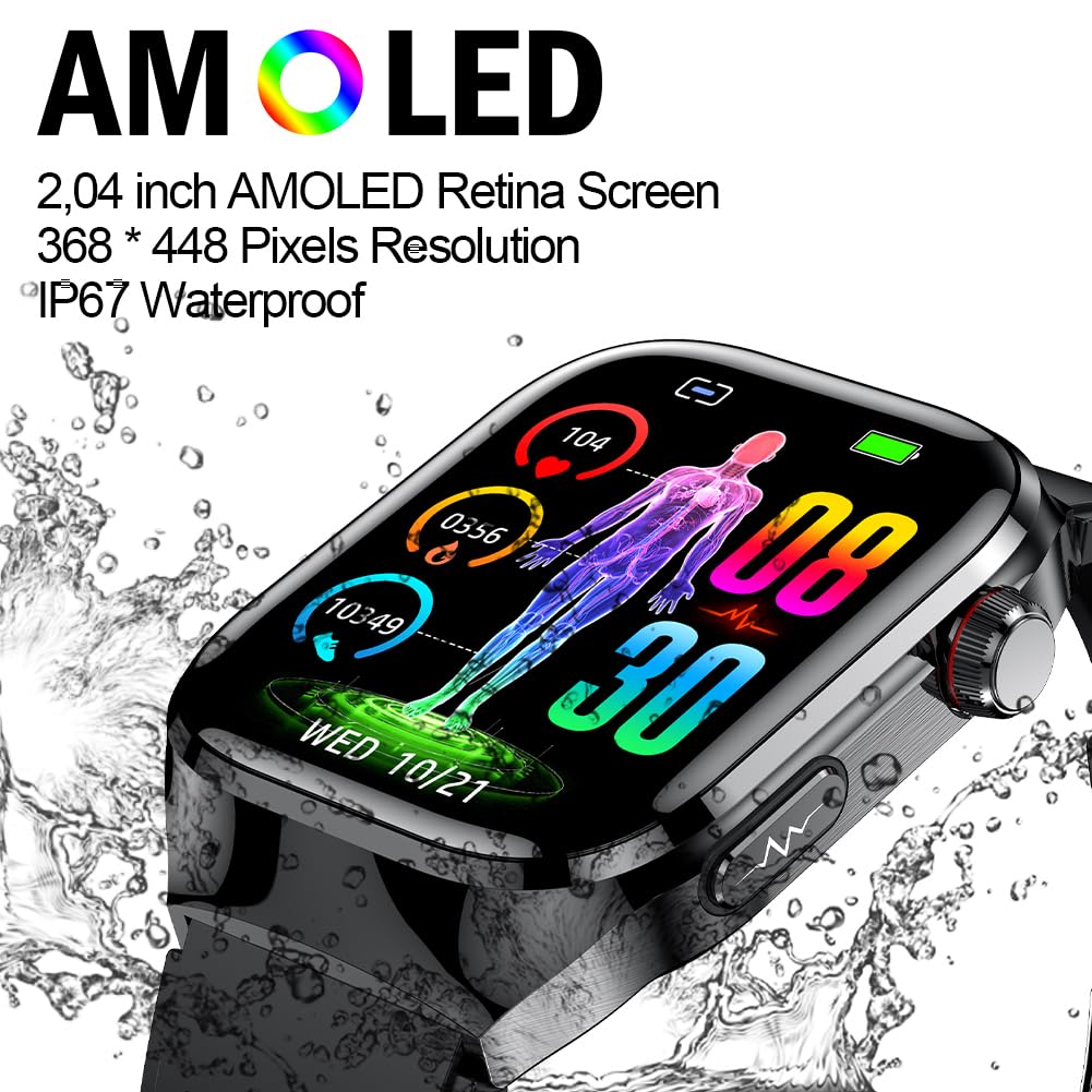 Reloj Inteligente ECG y Marcación/Contestar Llamadas, 2,04" Smartwatch Impermeable con Presión Arterial, SpO2, Frecuencia Cardíaca para Android iOS (Metal Negro) | Monitor de actividad impermeable con presión arterial PPG, reloj deportivo con SOS para And
