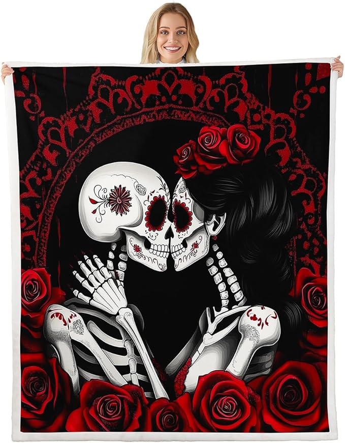 Erosebridal Sugar Skull Sherpa Blanket Romantic Roses Fleece Blanket Valentine's Day Throw Blanket Throw 50