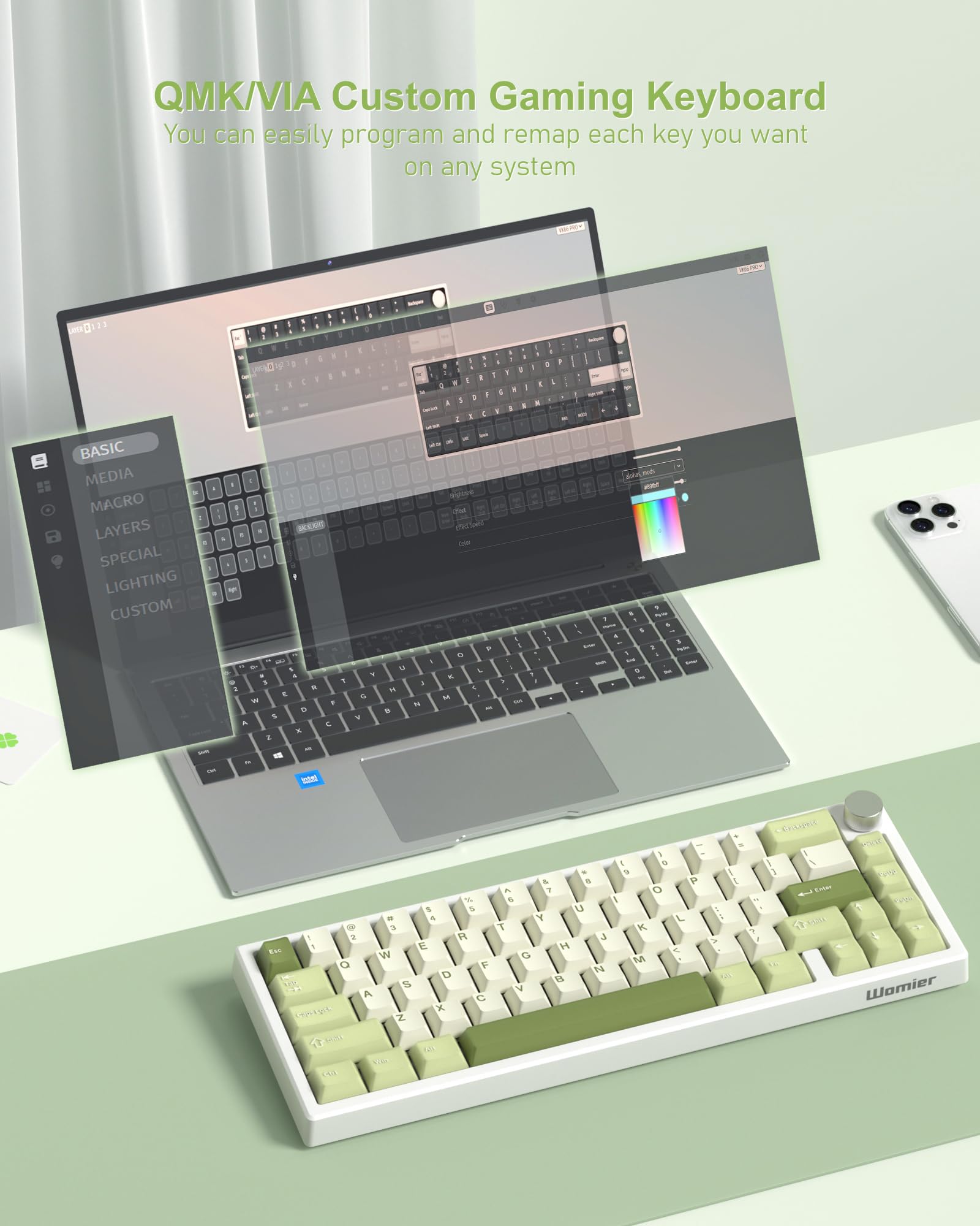Womier 60% Gaming Mechanical Keyboard Green QMK/VIA Creamy
