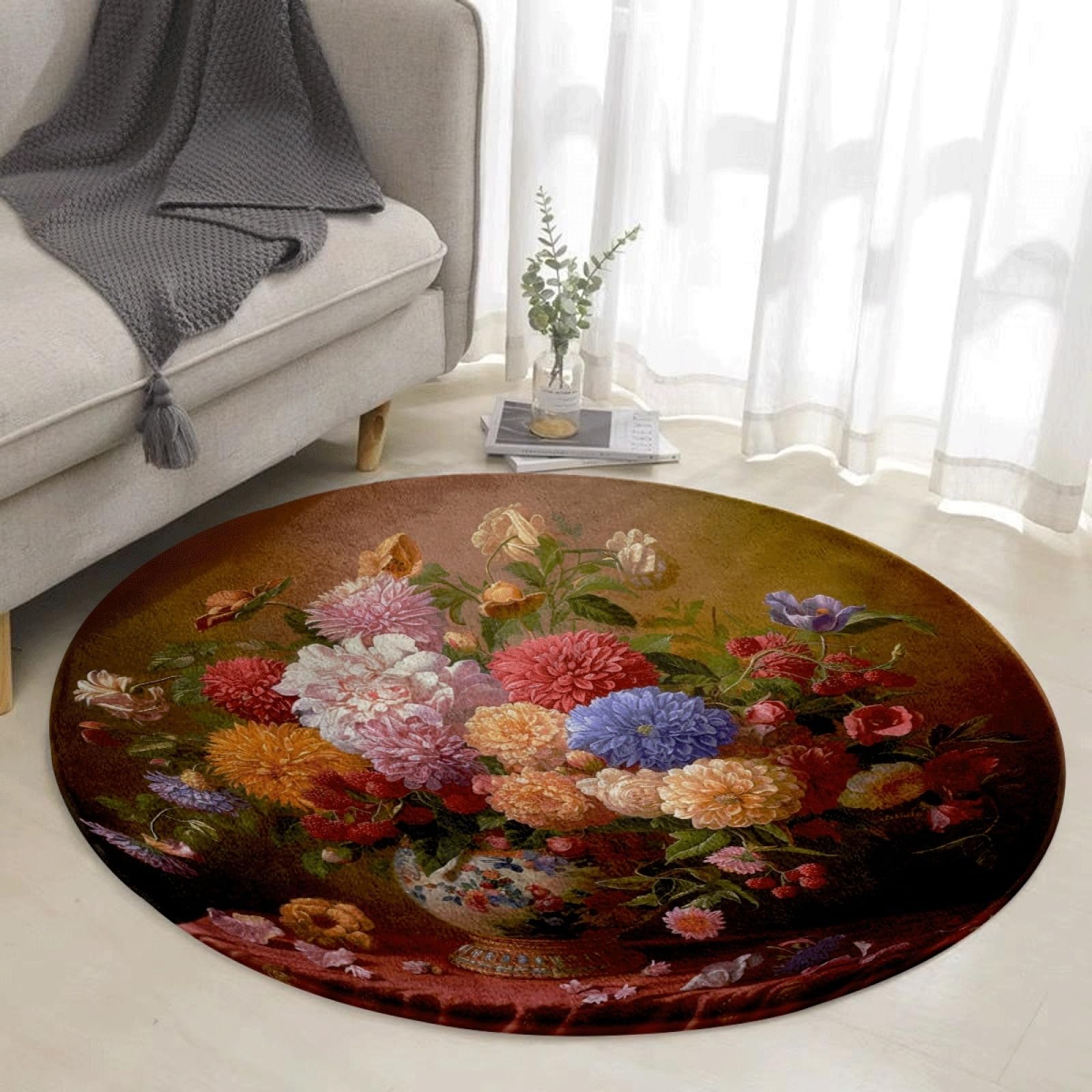 Tapis salon fleurs jaunes roses antidérapant et lavable en machine 100cm