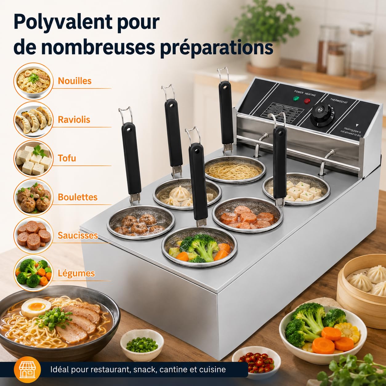 20L Commercial Cuiseur Pâtes Électrique 3200W Avec 6 Paniers,Température Réglable 140℉-392℉ Pour Cuire Nouilles,Saucisses, Boulettes Poisson, Radis, Tofu,Légumes, etc.