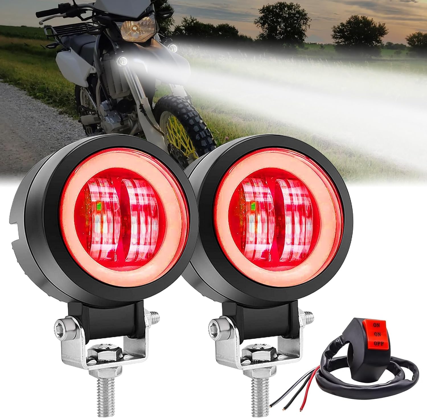 Motorcycle LED Driving Fog Lights, Motorbike Driving Light, 20W Auxiliary Spot Lights Pod for Motorcycle, DRL/Angel Eye, Include Switch 12V/24V 3inch 2Pcs (Yellow)