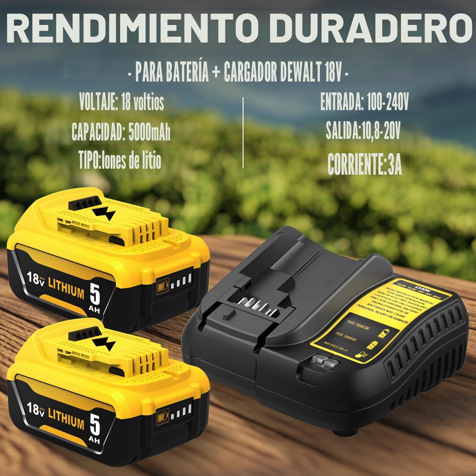 2 Piezas 5.0Ah Repuesto para Dewalt Batería 18V + 3A Cargador para Dewalt Cargador 10.8V- 20V con batería DCB200 DCB200-2 DCB204 DCB120 DCB127 con Indicadora LED