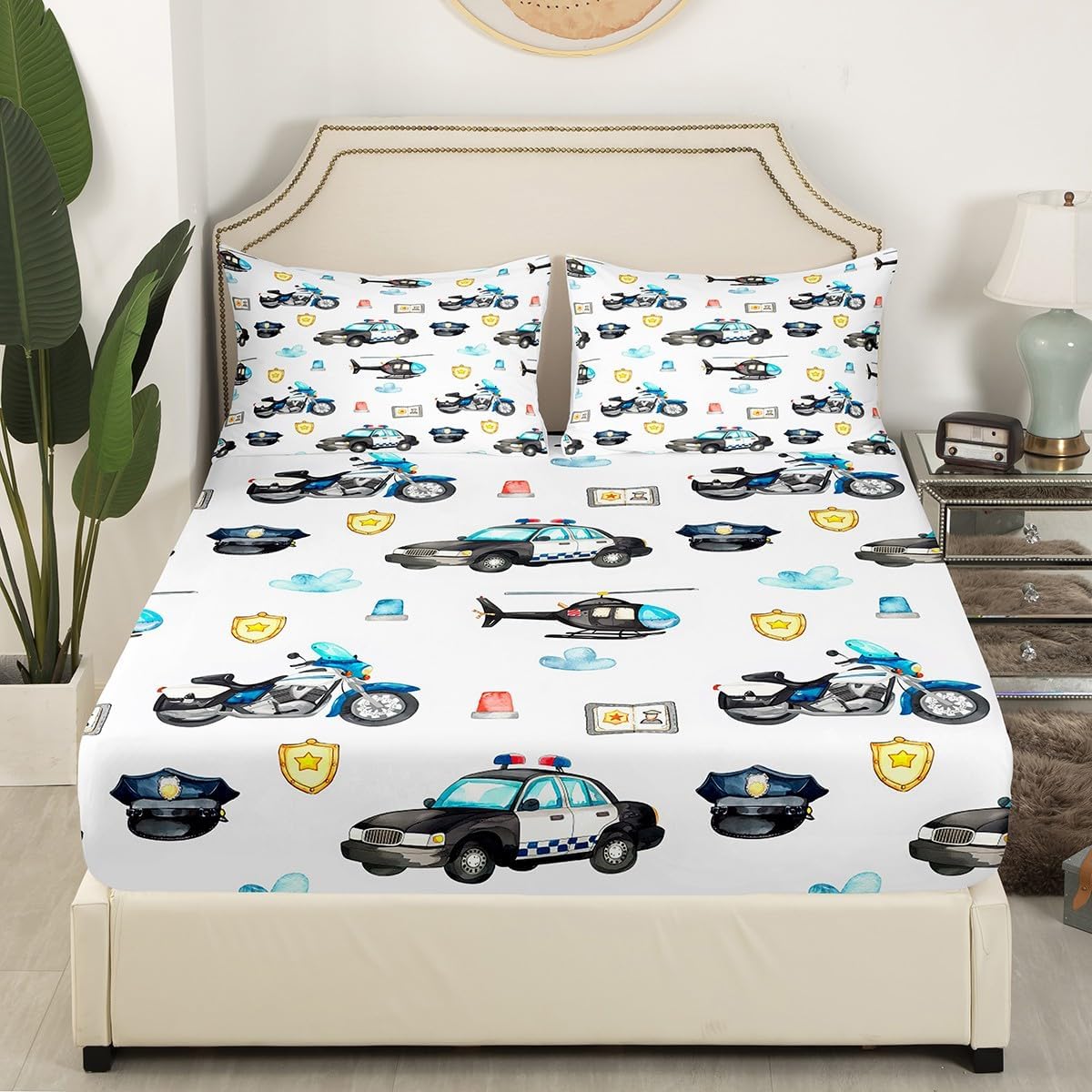 Boys Aircraft Bed Sheet Set Kids Toddler Cool Police Car Motorcycle Bedding Sheets Girls Teens Helicopter Flying Plane Bedding Fitted Sheet Watercolor Decor Bed Cover Bedroom Collection 2Pcs Twin Size