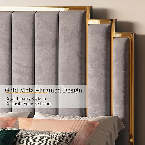Miniatura 5 de Albott Marco de cama de plataforma tamaño Queen, cama tapizada de terciopelo de 61.4 pulgadas con cabecero de ribete dorado, listones de madera, no