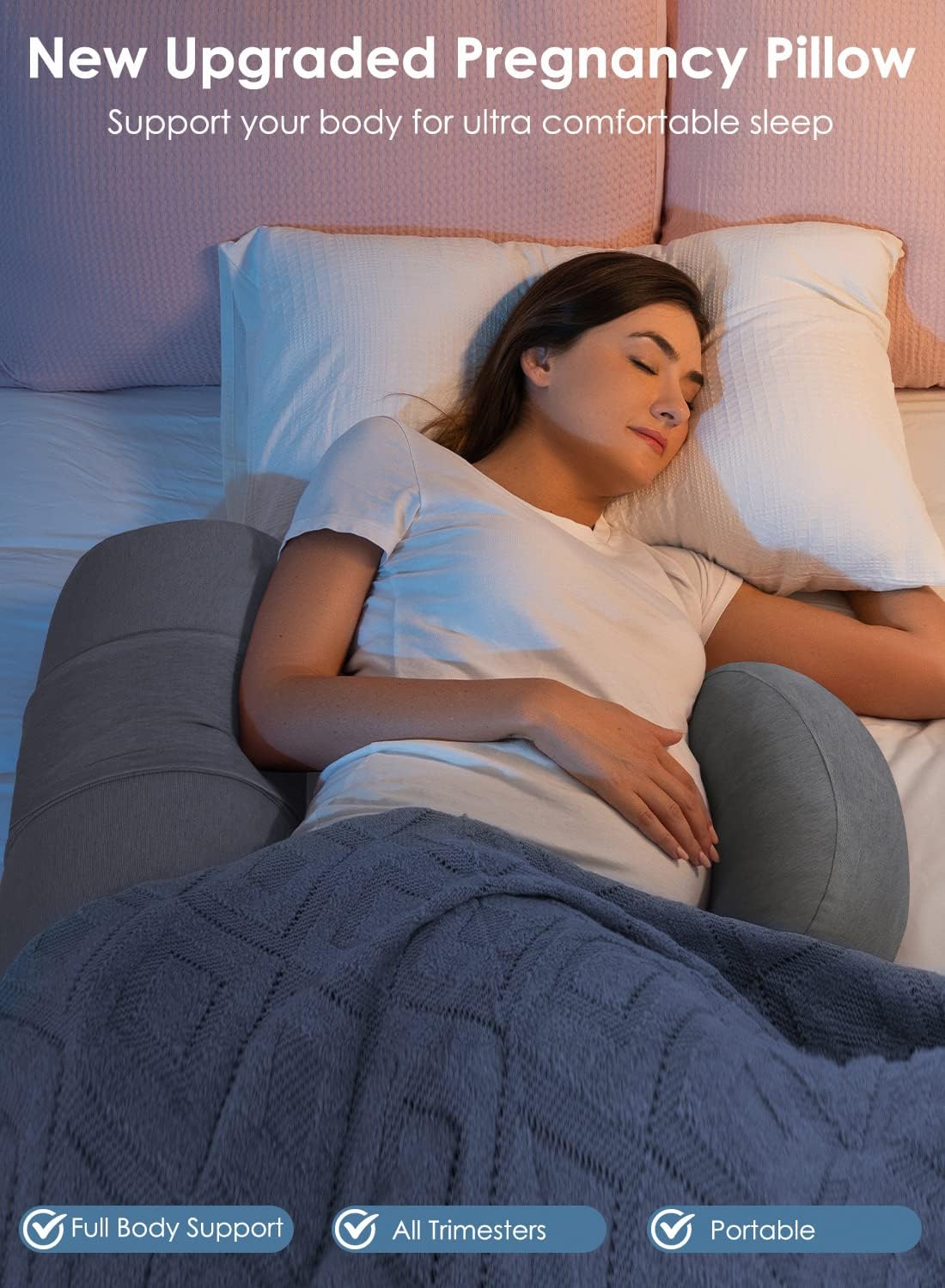 queen rose f shaped pregnancy pillows for sleeping, compact maternity body pillow with adjustable belly wedge, cooling space-saving support for side sleepers & back pain relief, light grey