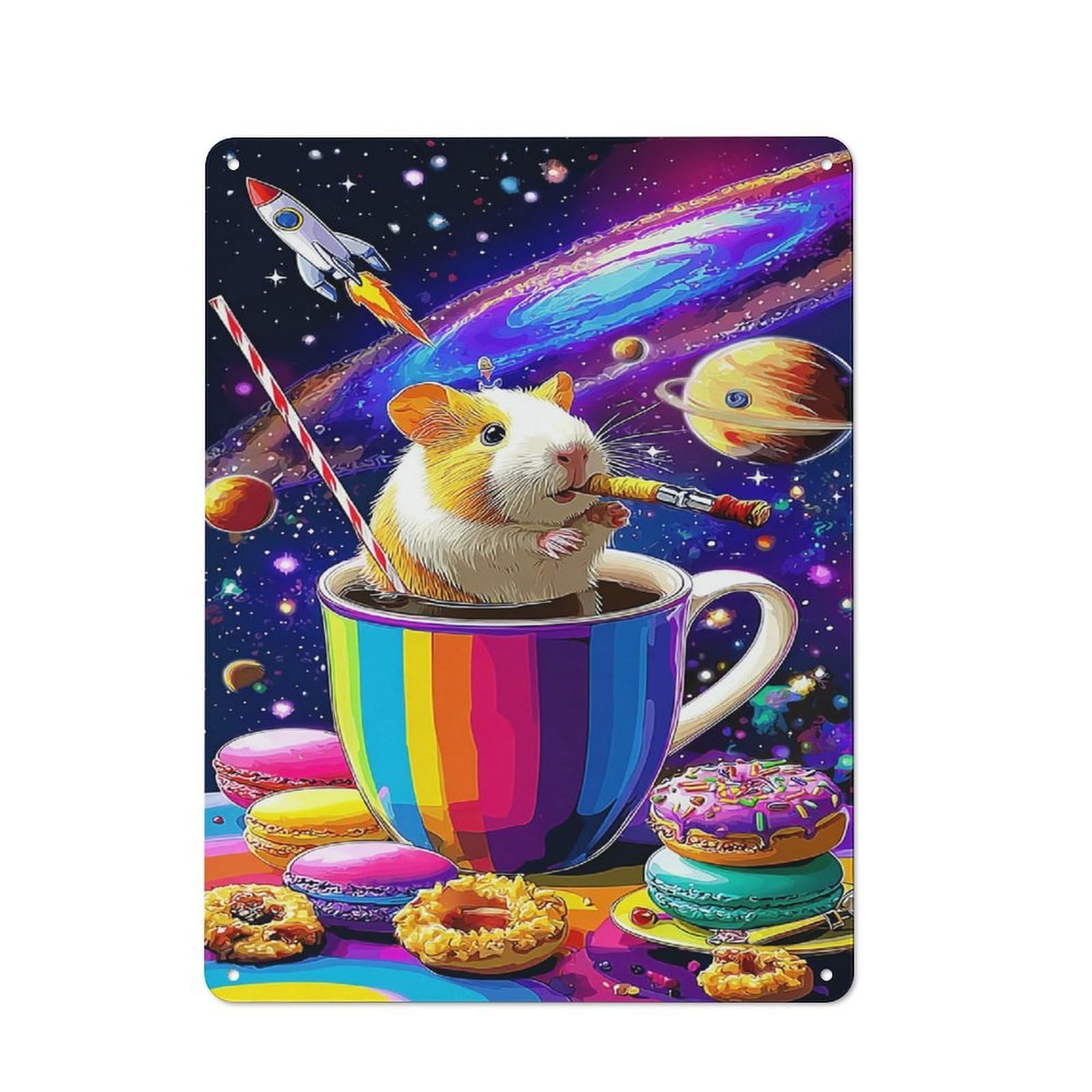 Junmoney Hamster In Space With Rainbow Cupcake Metal Wall Sign 40X30cm Featuring For Café Or Home Bar, A Winter Wall Decor Update For Hospitality Decor Collectors