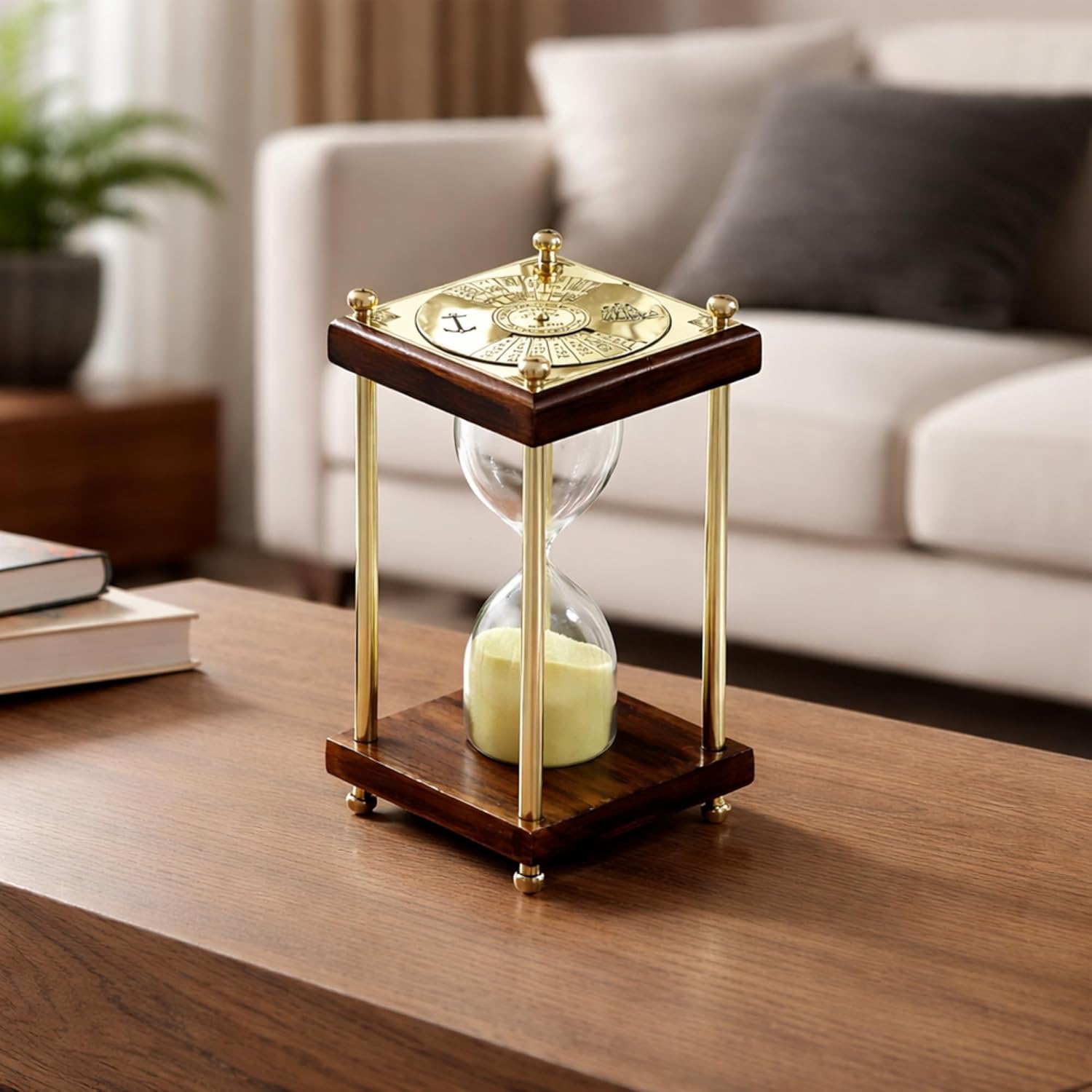 Vintage Wooden Sandtimer with Brass Frame & 100 Year Calendar Dial – Nautical Hourglass Timer for Desk Decor, Office, Study Room, Antique Gift, Classic Maritime Decoration