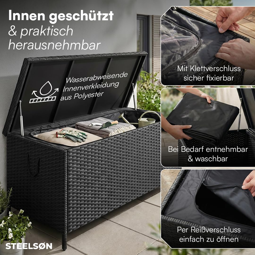 STEELSØN Serion Gartenbox mit Rollen schwarz – Rattan Aufbewahrungsbox Klappdeckel – Outdoor Auflagenbox mit Griffen – Aufbewahrungskiste wetterfest – Gartenkiste Stahlgestell – Kissenbox 140x62x61cm