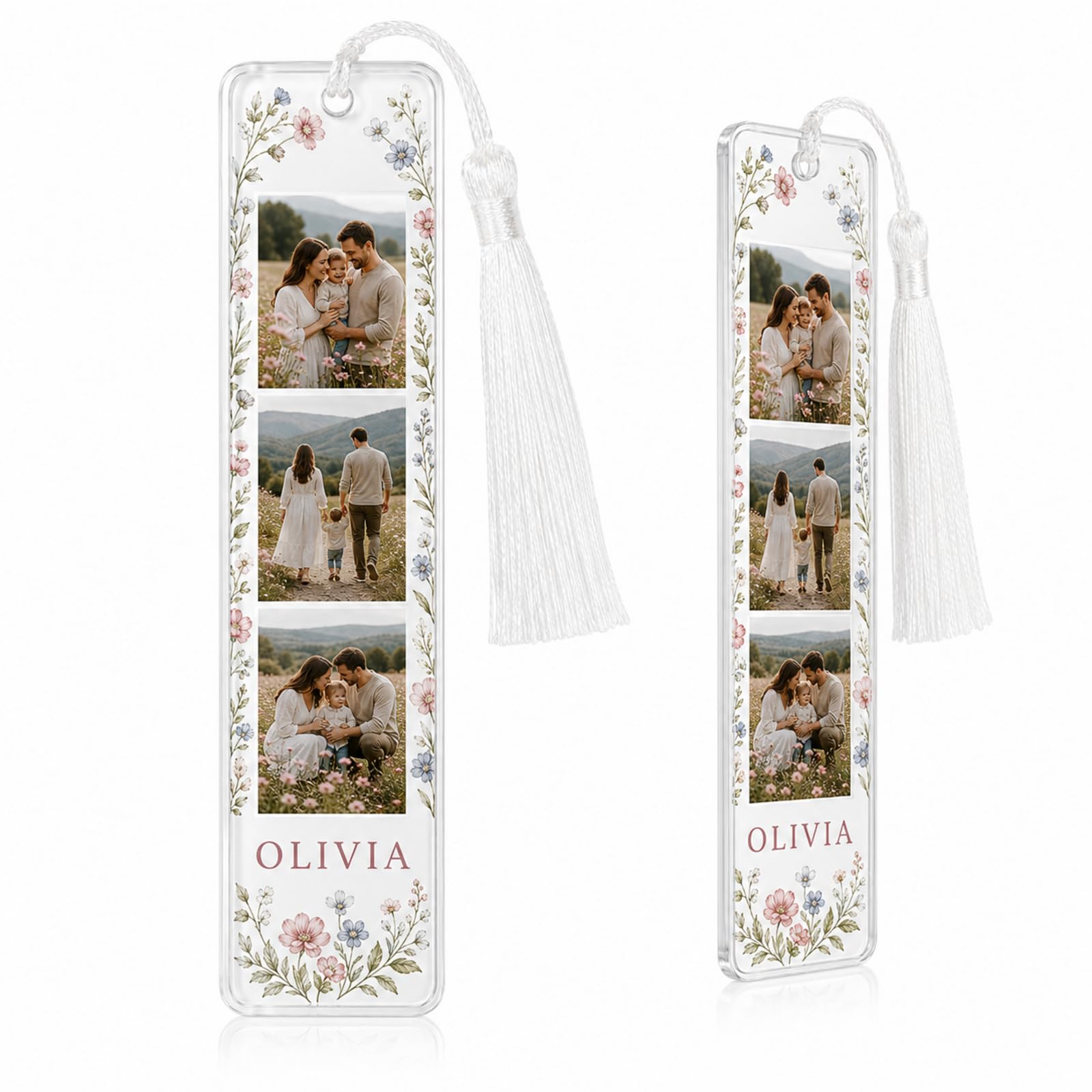 Personalised Acrylic Photo Bookmark, Wildflower Design, 3 Photos