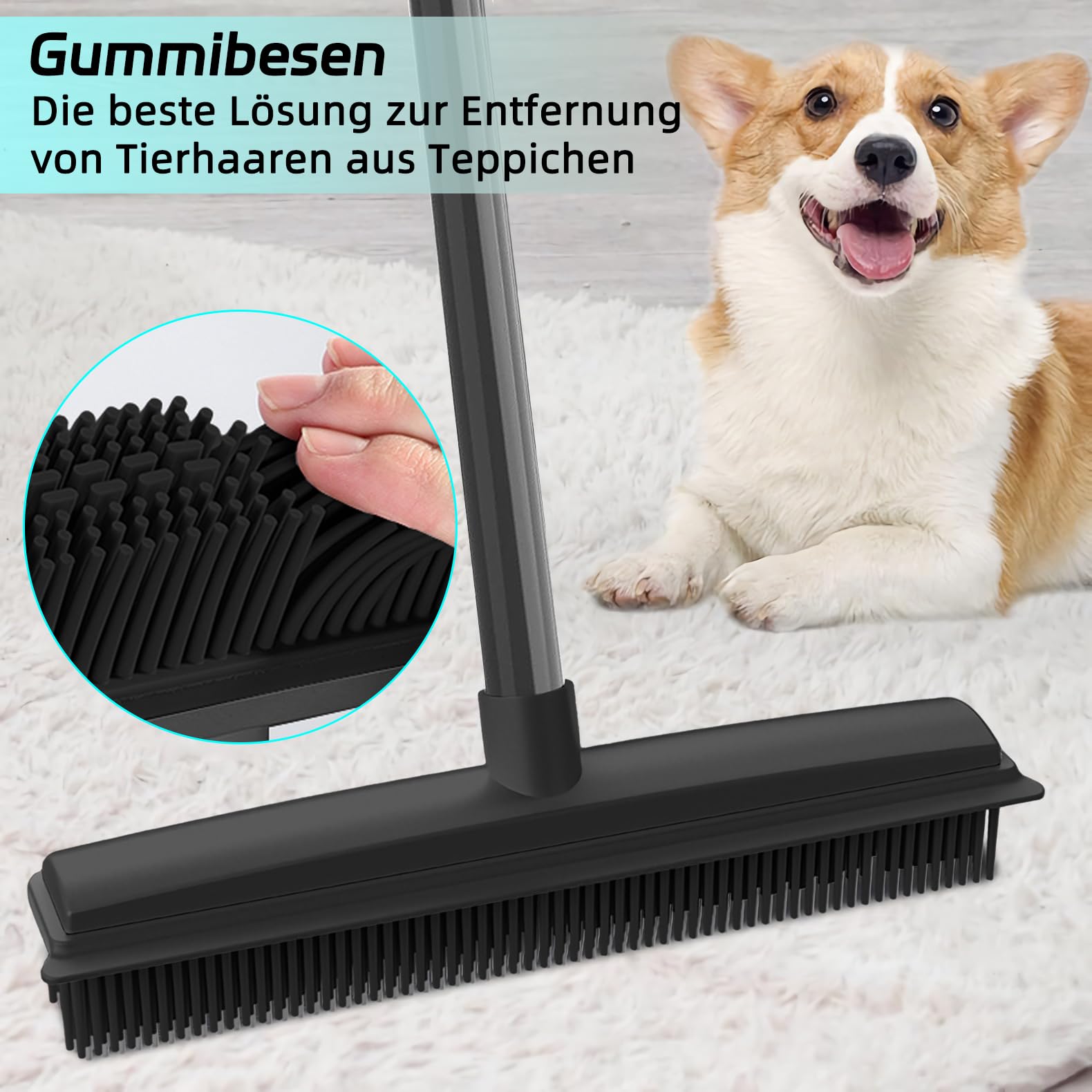 Produktbild von AMFUN 2-in-1 Gummibesen Mit Teleskopstiel - Haarentferner Für Tierhaare Auf Böden Und Teppichen