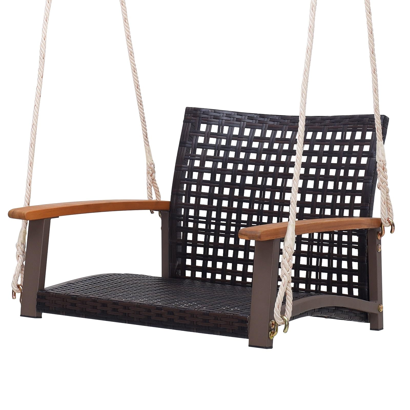 RELAX4LIFE Porch Swing Chair, Rattan Woven PE Wicker Outdoor Hanging Seat with Acacia Wood Armrests and Heavy-Duty Metal Frame, Single Person Hammock Chair for Balcony, Backyard