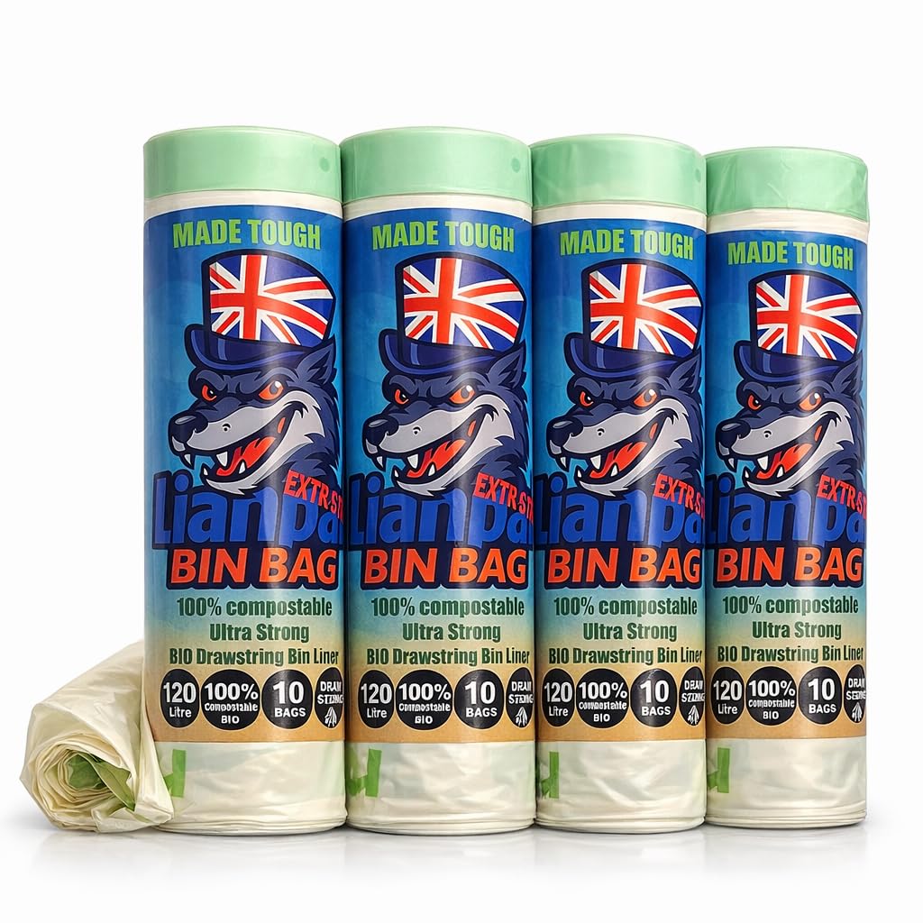 BioFlex - Sacchetti per la spazzatura con coulisse, resistenti, da 120 l, 40 sacchetti (4 rotoli), 45 μm di spessore, sacchetti per la spazzatura compostabili, extra forti a prova di perdite