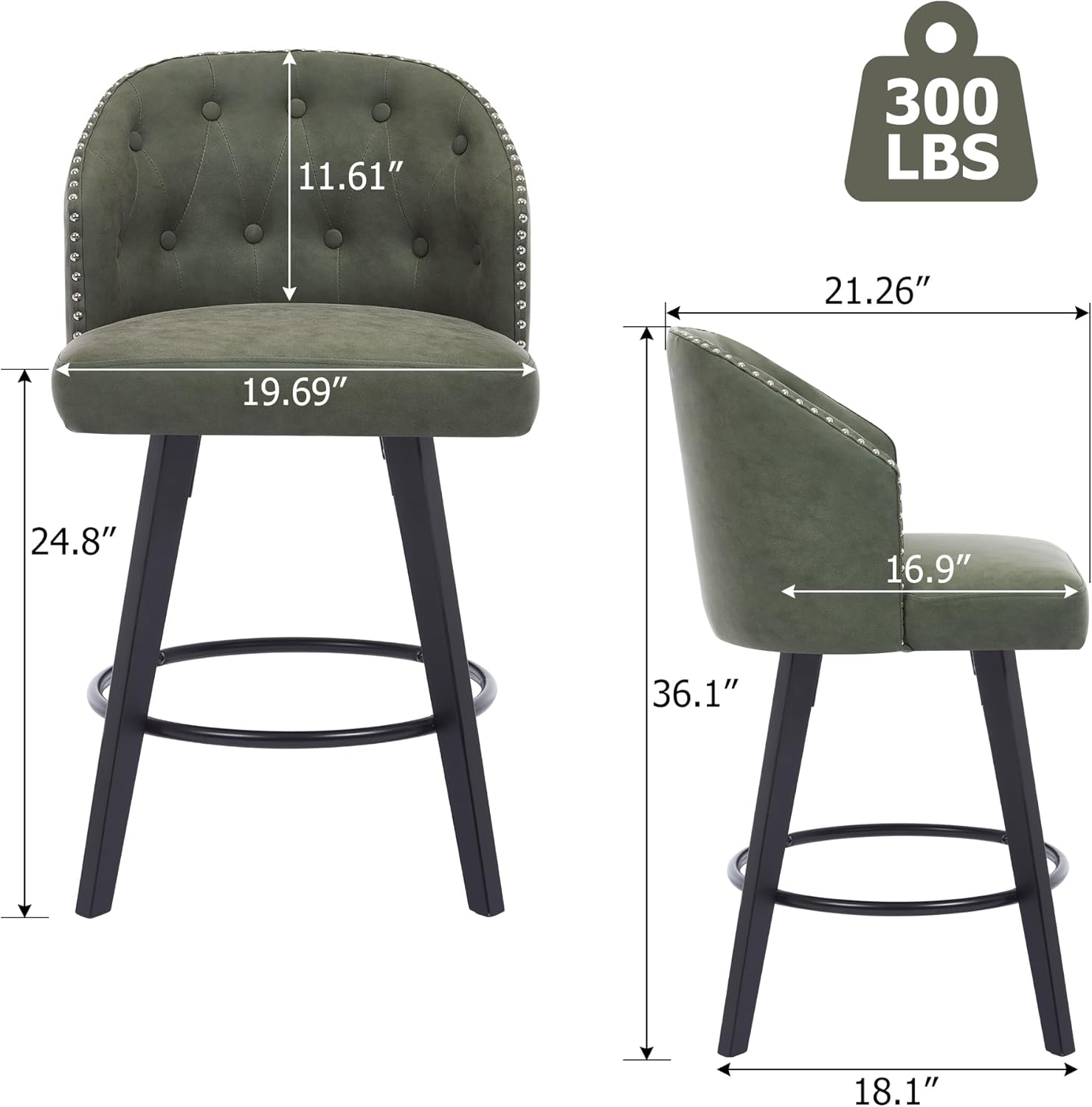 Swivel Bar Stools Set of 4, 25" Counter Height Bar Stools with Tufted Back, Upholstered Wood Bar Chairs with Faux Leather Seat, Modern Counter Stool for Kitchen Island Home Bar, Green