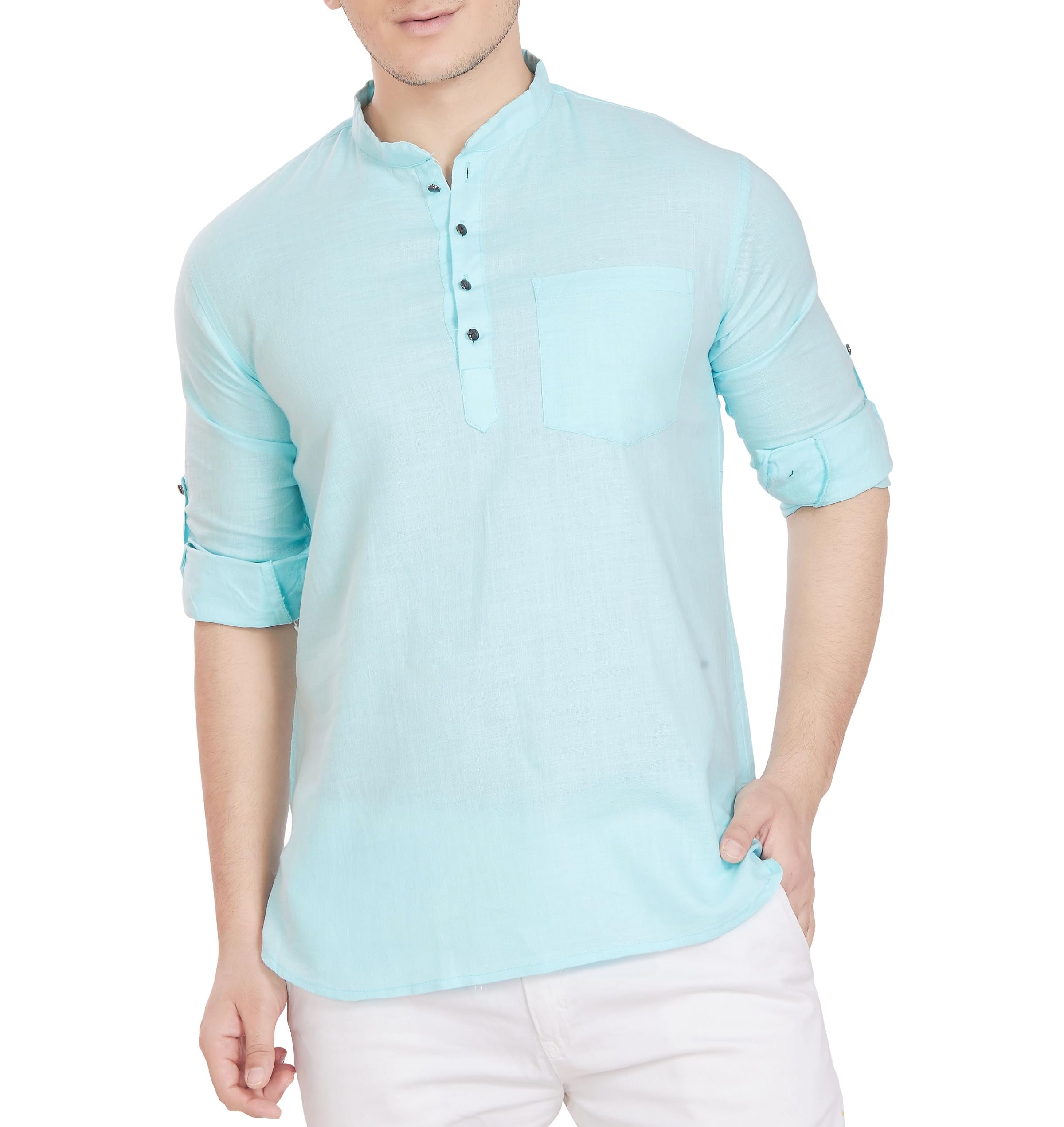 Divisive Men's Pure Cotton Relaxed Fit Short Kurta (Dkrt258_S_Sky)