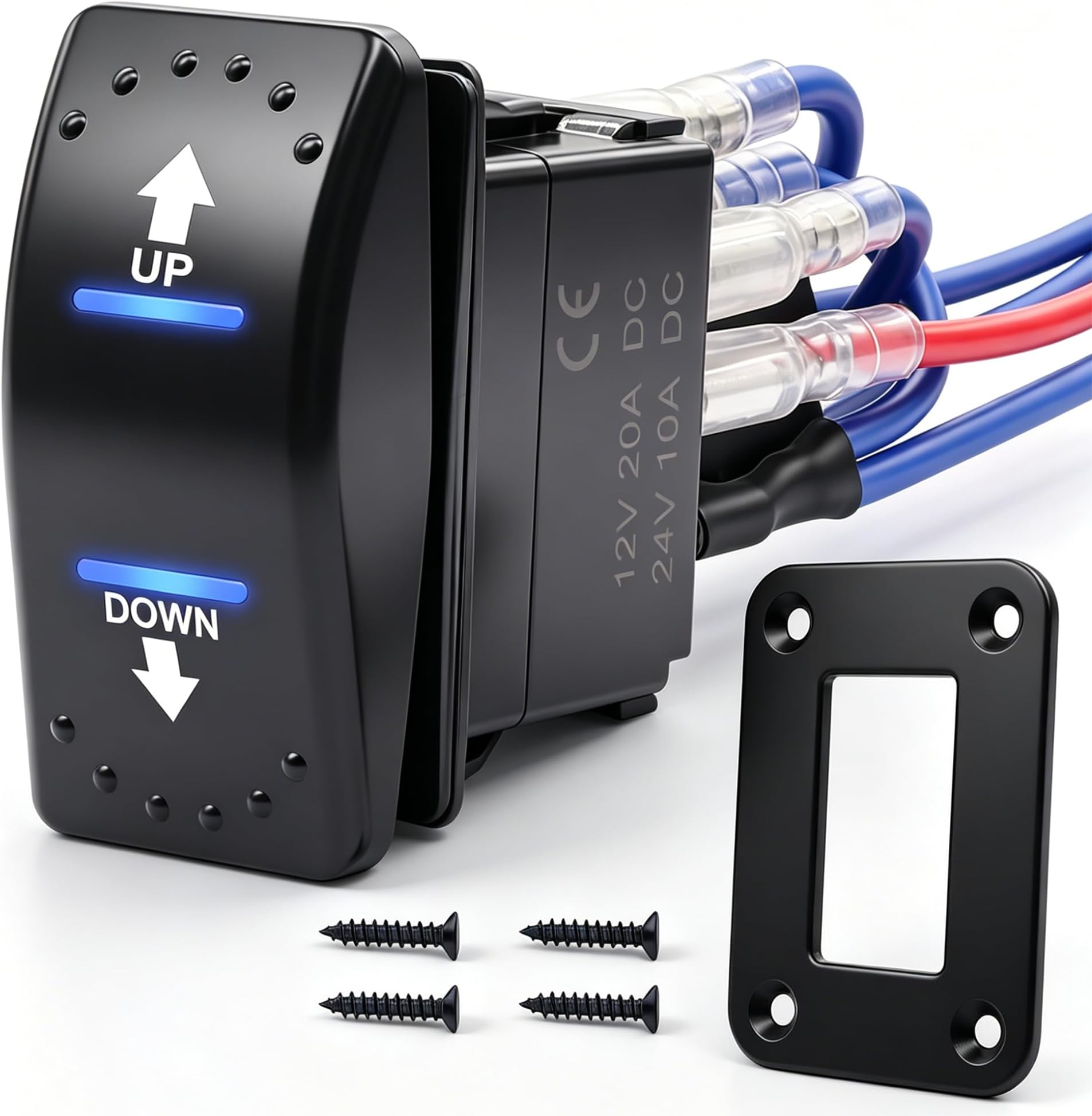 mxuteuk Polarity Reversing Momentary Rocker Switch 20A 12V DC Motor Control 7Pin Up Down Blue LED Winch in/Out Switch with Aluminum Plate Screw Pigtail Wire UK-K-053-M-BU-XB