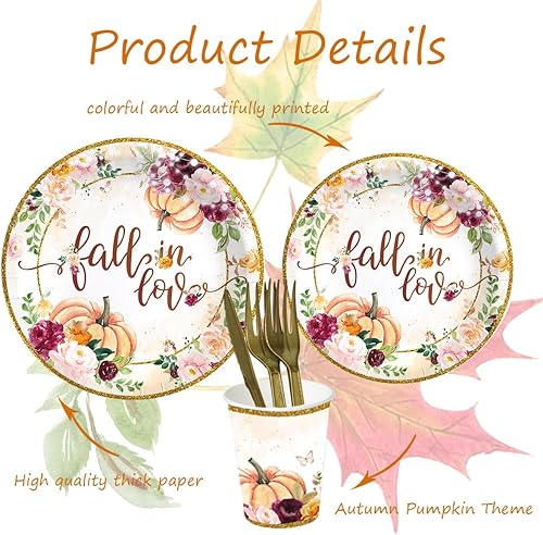 Miniatura 7 de Juego de decoraciones de fiesta de otoño con diseño floral de calabaza, incluye manteles de otoño, plato de cena de enamoramiento, globos bohemios,