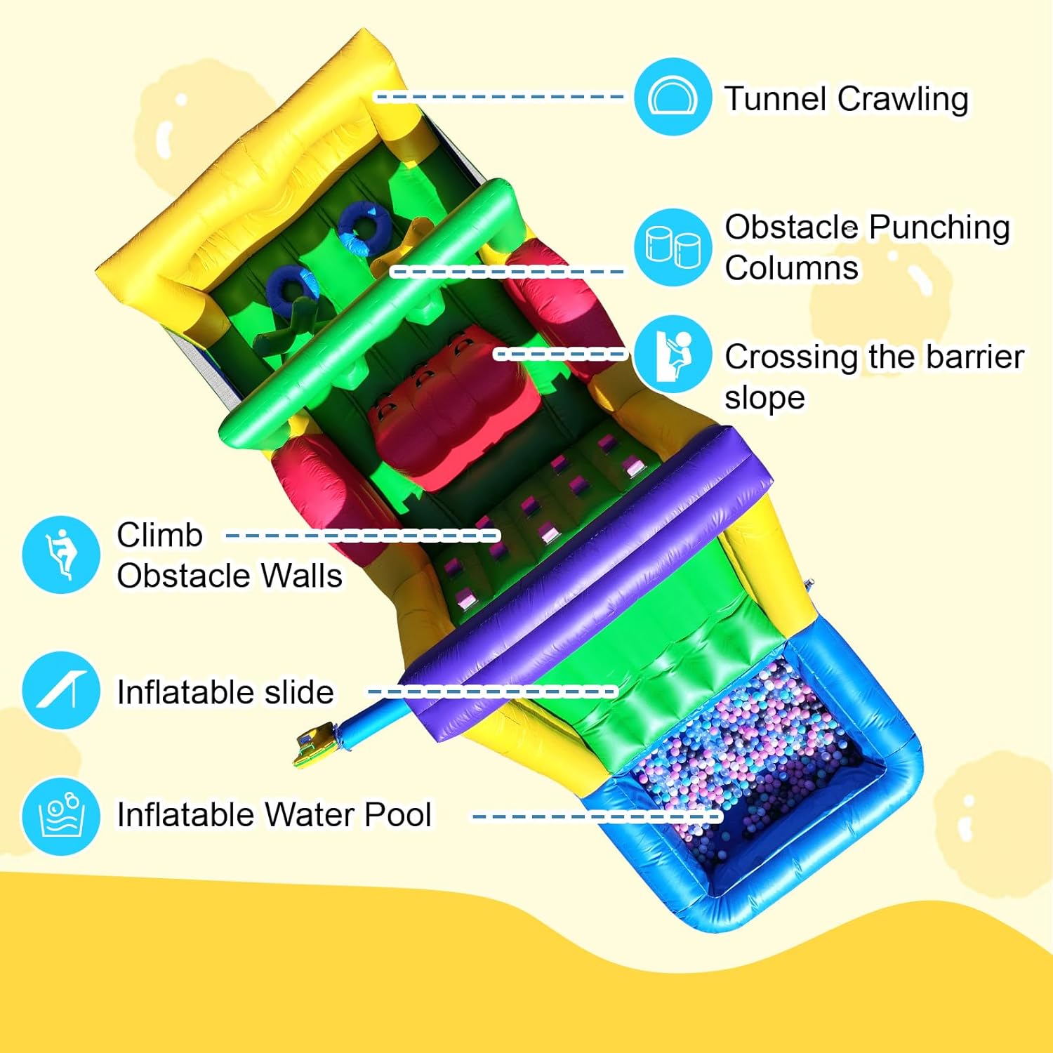 Commercial Bounce House for Big Kids 8-12(950W Blower)(100% PVC),22FT(L) Inflatable Obstacle Course with Water Slides&Ball Pit,Tunnels,Climbing,Obstacles Great for Party and Events 22x8x8.2FT