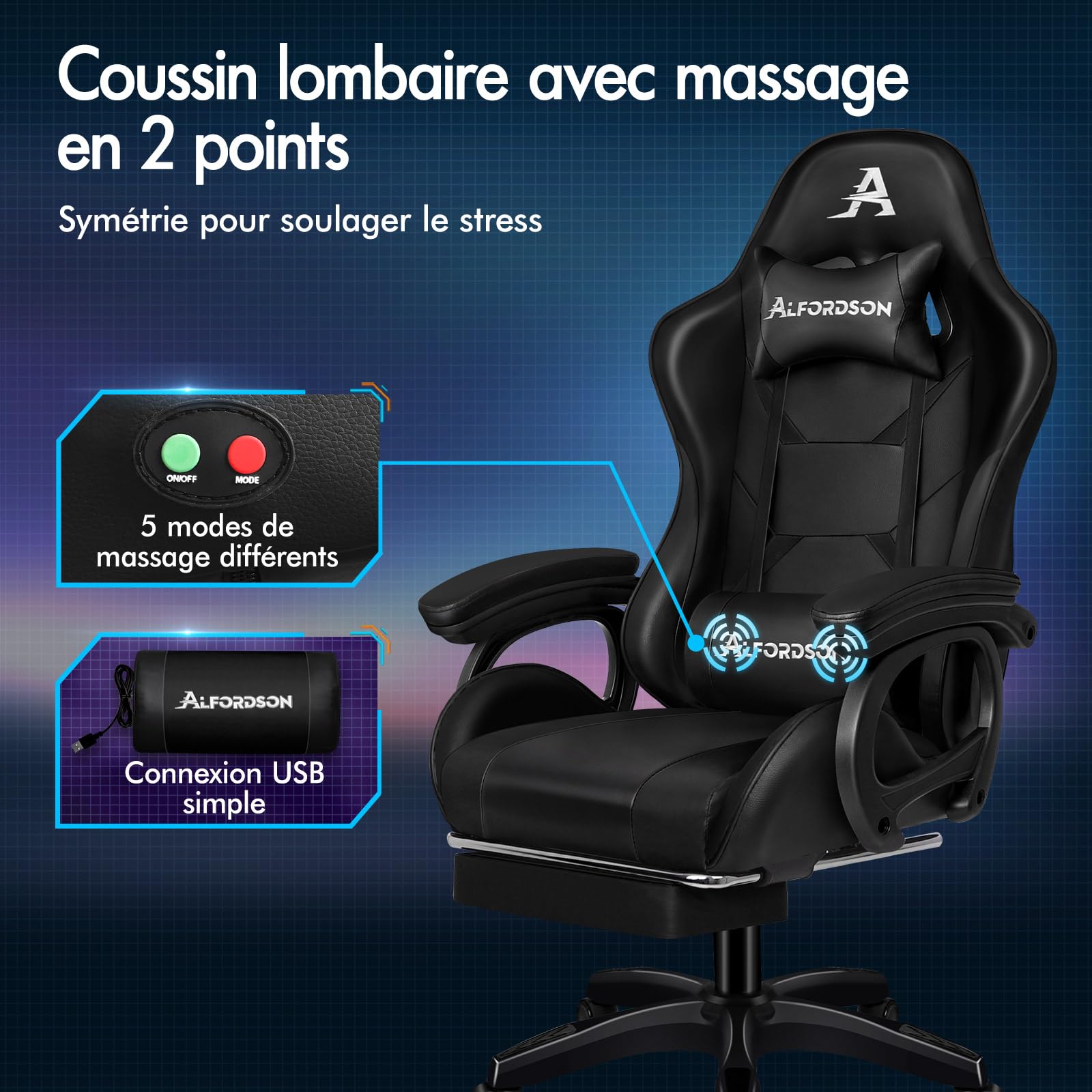 ALFORDSON Chaise Gaming Fauteuil Gamer, Chaise de Bureau Ergonomique avec Massant 2 Points, Repose Pied, Réglable Appui-tête Support Lombaire, Dossier Haut, Dossier Inclinable à 150°,Noir