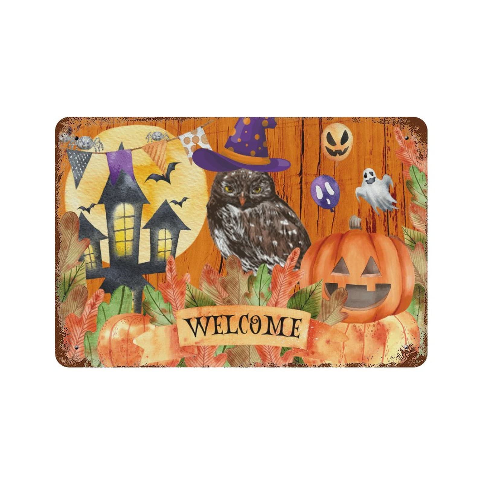 Plaque Halloween métal Welcome Owl de qualité supérieure pour façade et salon