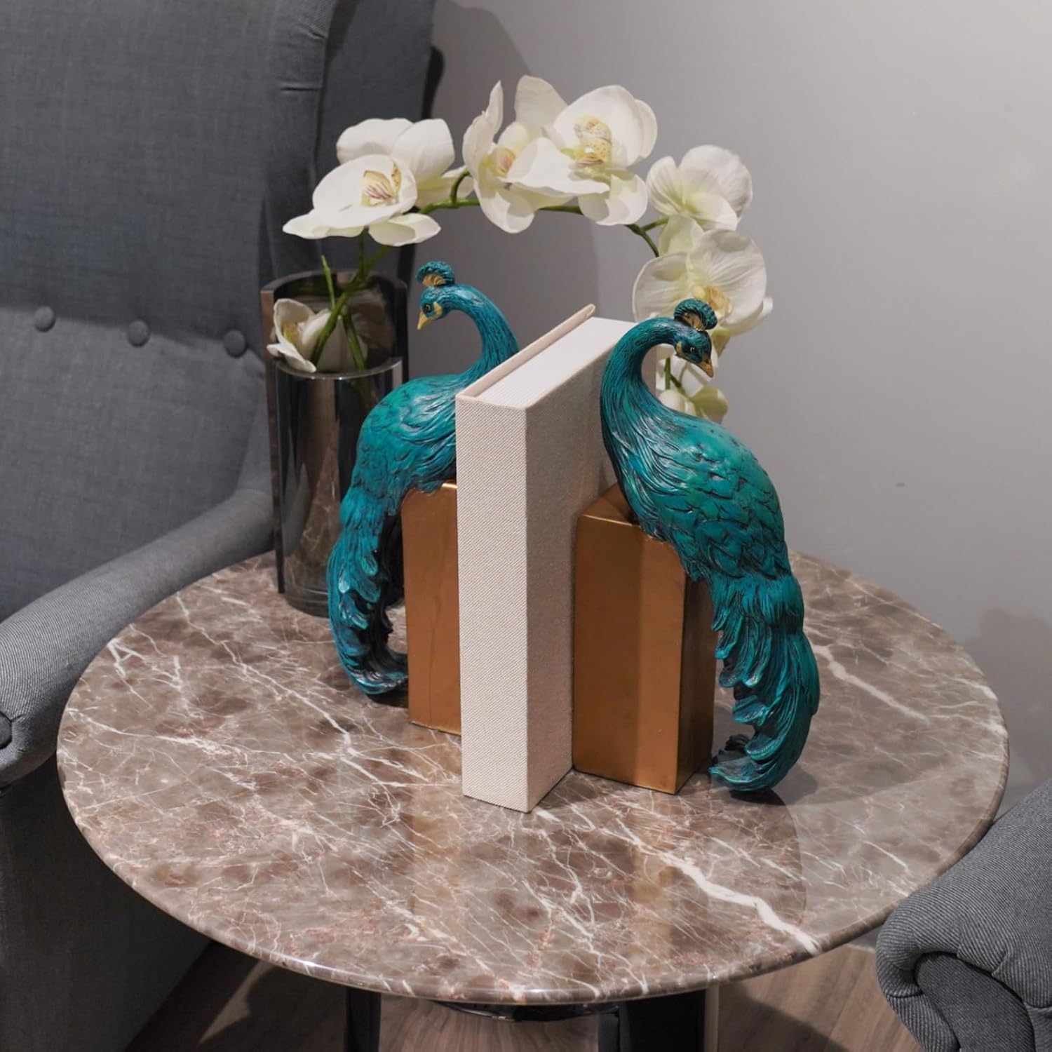 Heavy Duty Bookends Home Decor - Set of 2 Resin Peacock Non-Skid Decorative Bookends Bird Bookends Modern Peacock Statue Decor for Bookshelves Office Desk Living Room 6 * 2.5 * 12 Inch Braxio