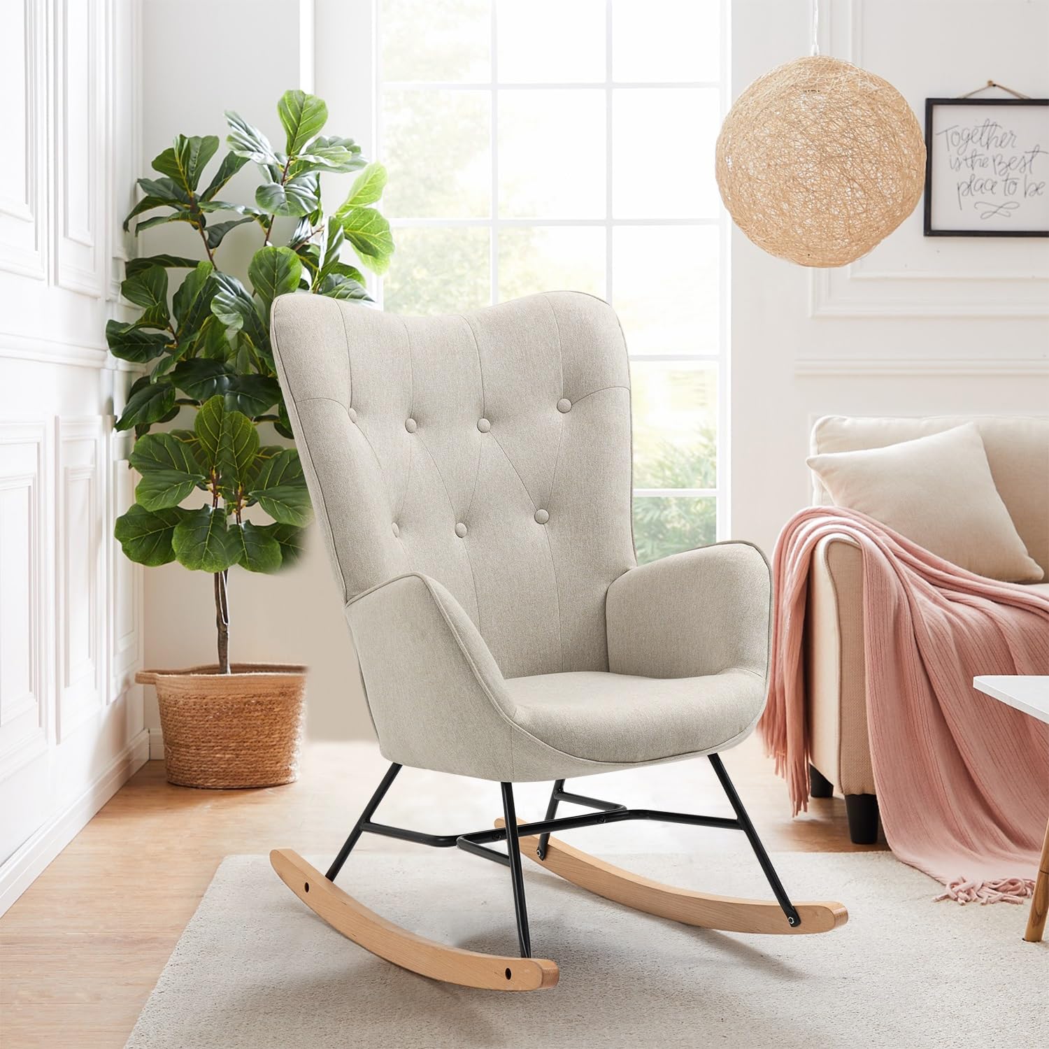 MEUBLE COSY Sedia a Dondolo con braccioli e Seduta Imbottita per Soggiorno, Camera da Letto, Struttura in Metallo e Base in Legno, Tessuto, Beige, 66x84x97 cm
